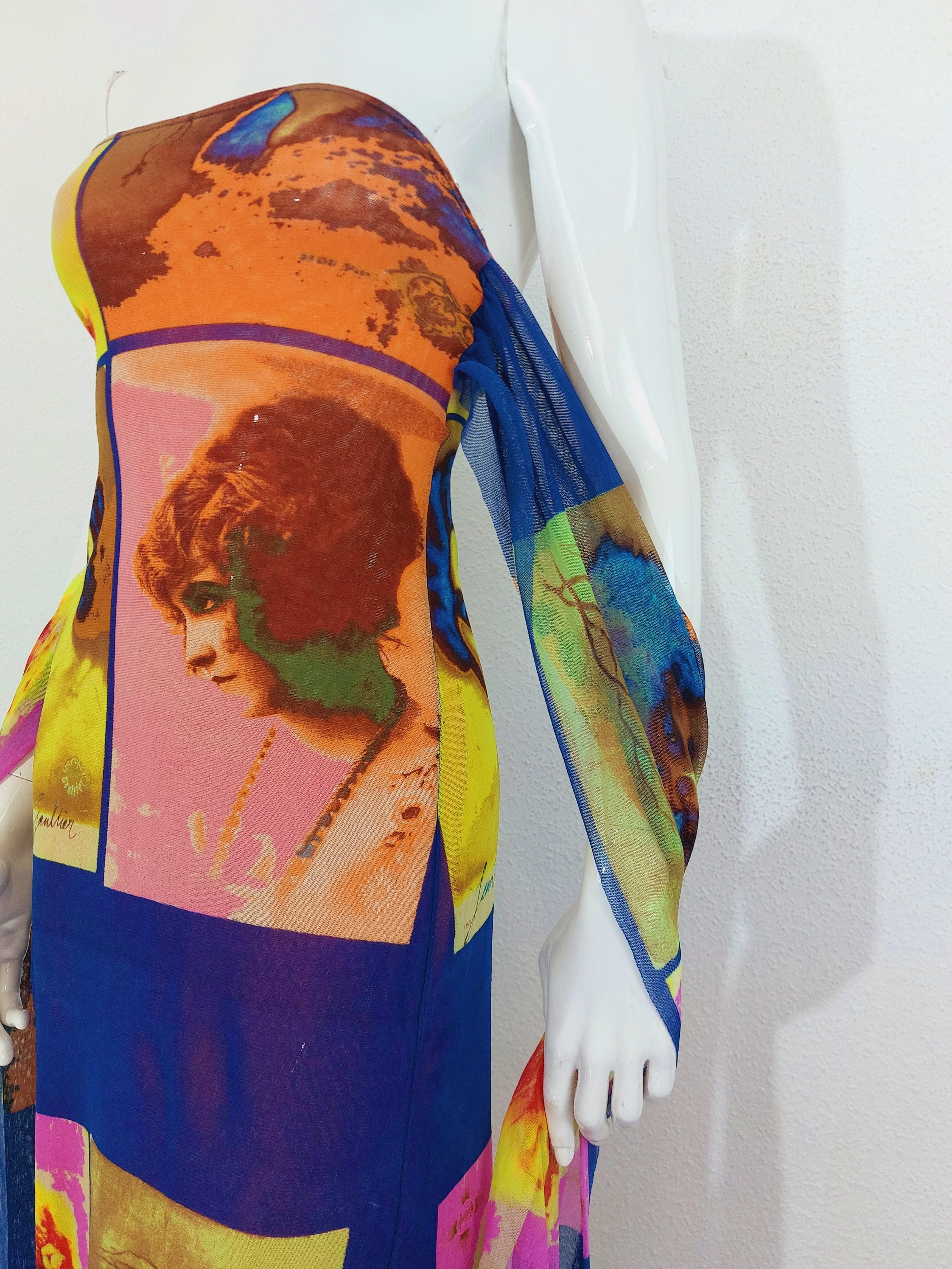 Jean Paul Gaultier Soleil 2002 Saturated Portrait Faces Kylie Jenner Mesh Dress For Sale at 1stDibs