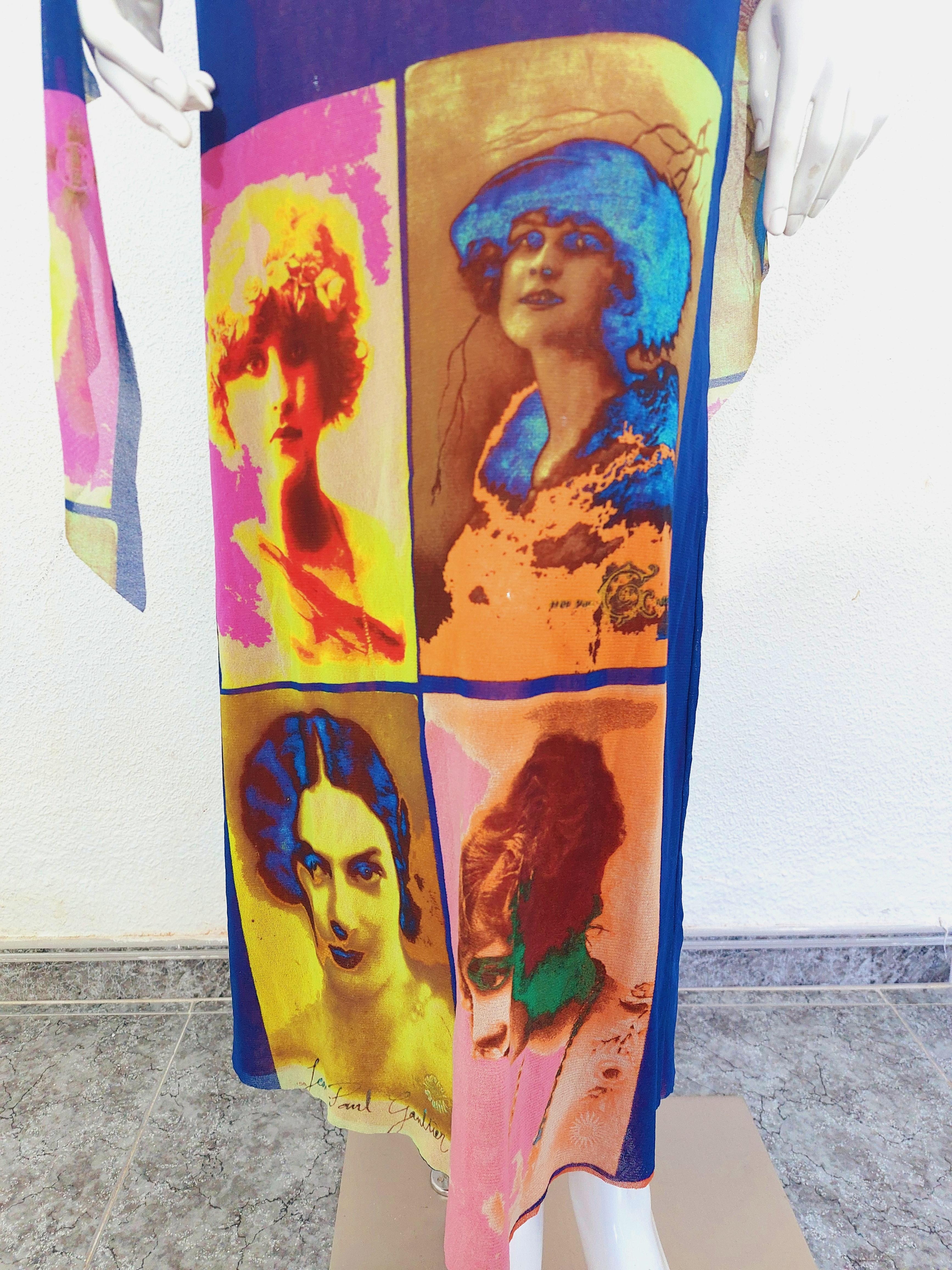 Jean Paul Gaultier Soleil 2002 Saturated Portrait Faces Kylie Jenner Mesh Dress For Sale at 1stDibs