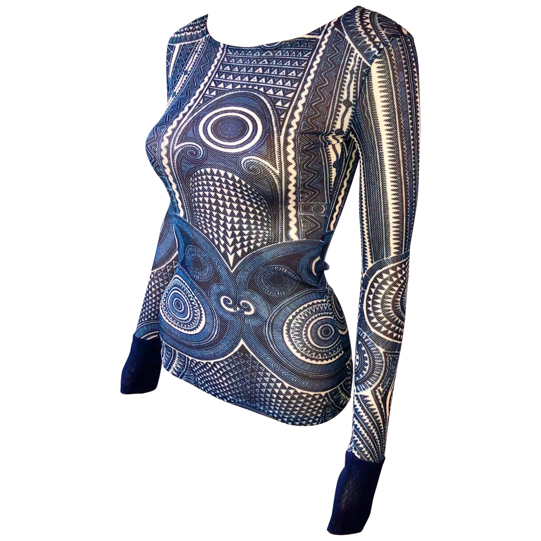 Jean Paul Gaultier Soleil Halbdurchsichtiges Mesh-Oberteil mit abstraktem Druck