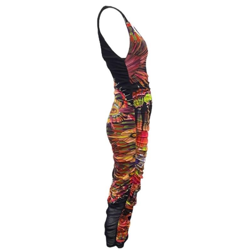 Jean Paul Gaultier Soleil Body Con Vestido de malla de plumas florales, Años 2000 Marrón en venta