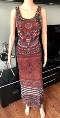 Jean Paul Gaultier Soleil Bodycon African Beads Print Mesh Maxi Dress