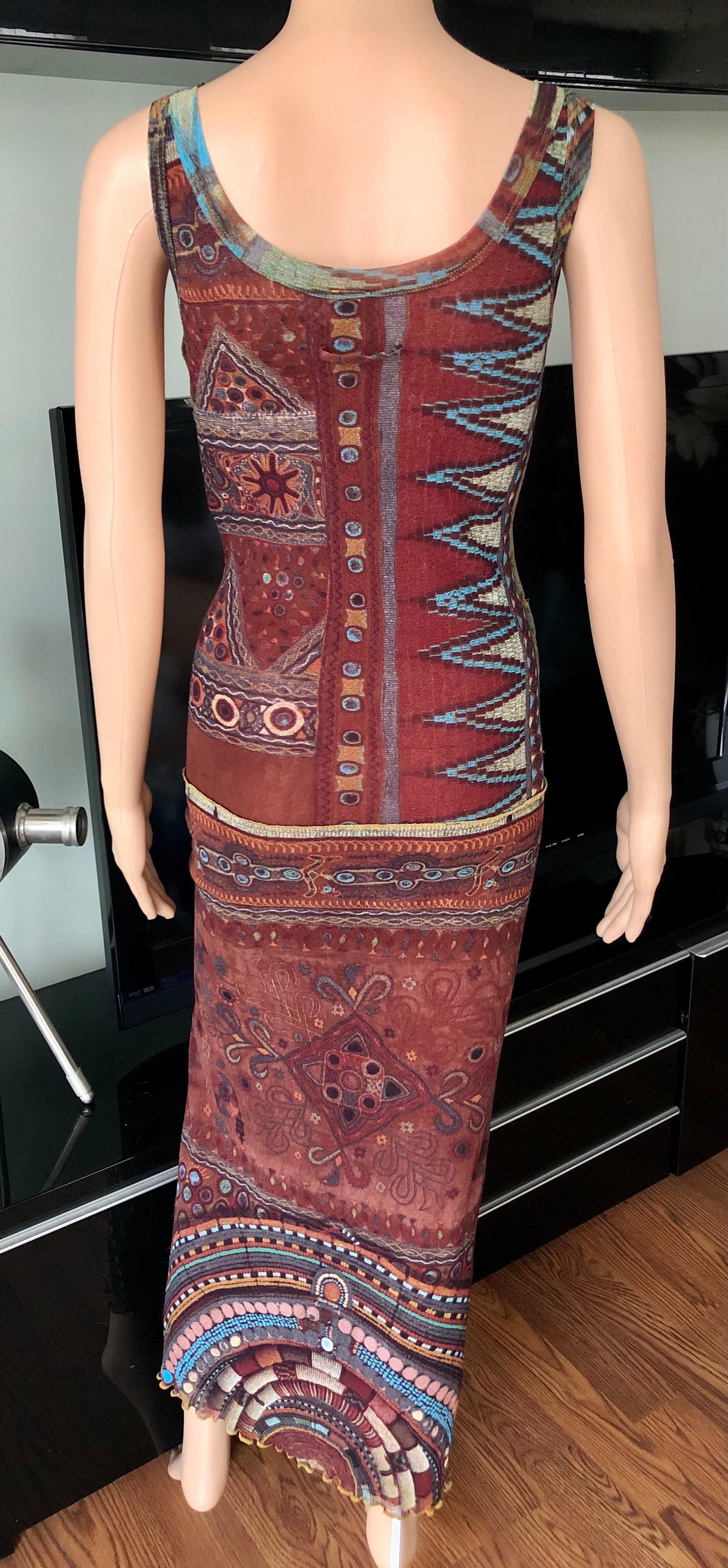 Brown Jean Paul Gaultier Soleil Bodycon African Beads Print Mesh Maxi Dress For Sale