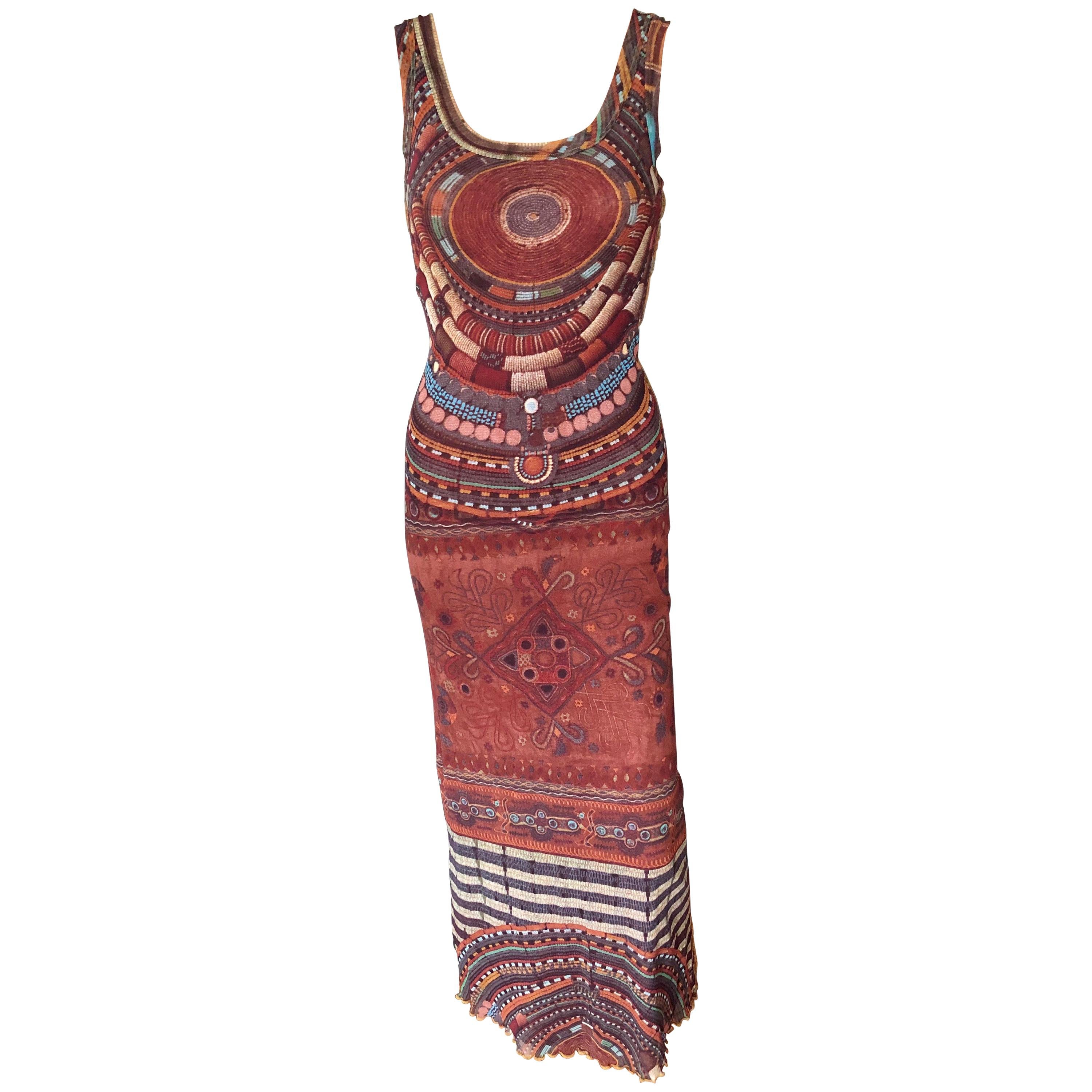 Jean Paul Gaultier Soleil Bodycon African Beads Print Mesh Maxi Dress For Sale