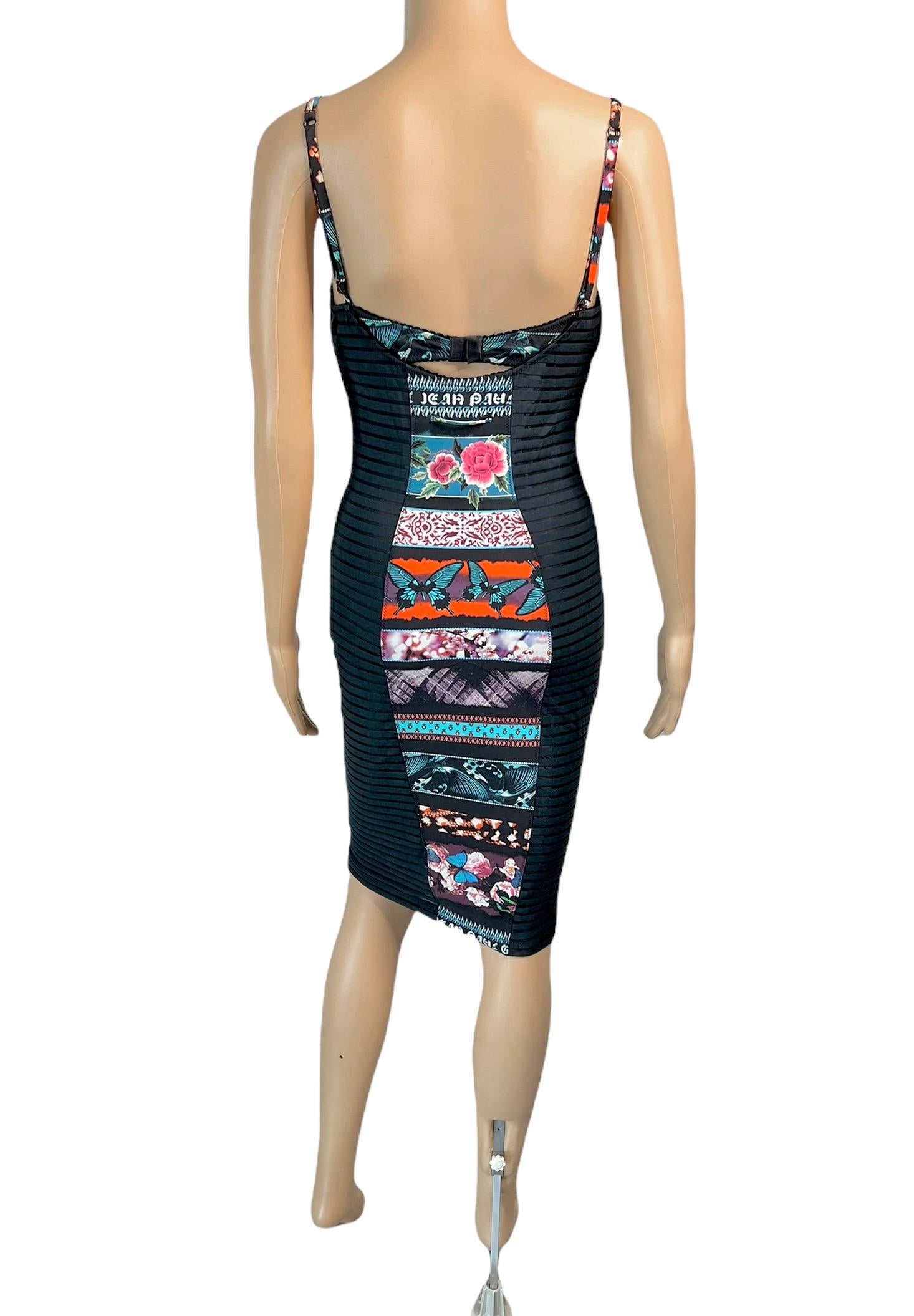Jean Paul Gaultier Soleil Bustier Bra Bodycon Logo Semi-Sheer Side Panels Dress In Excellent Condition For Sale In Naples, FL