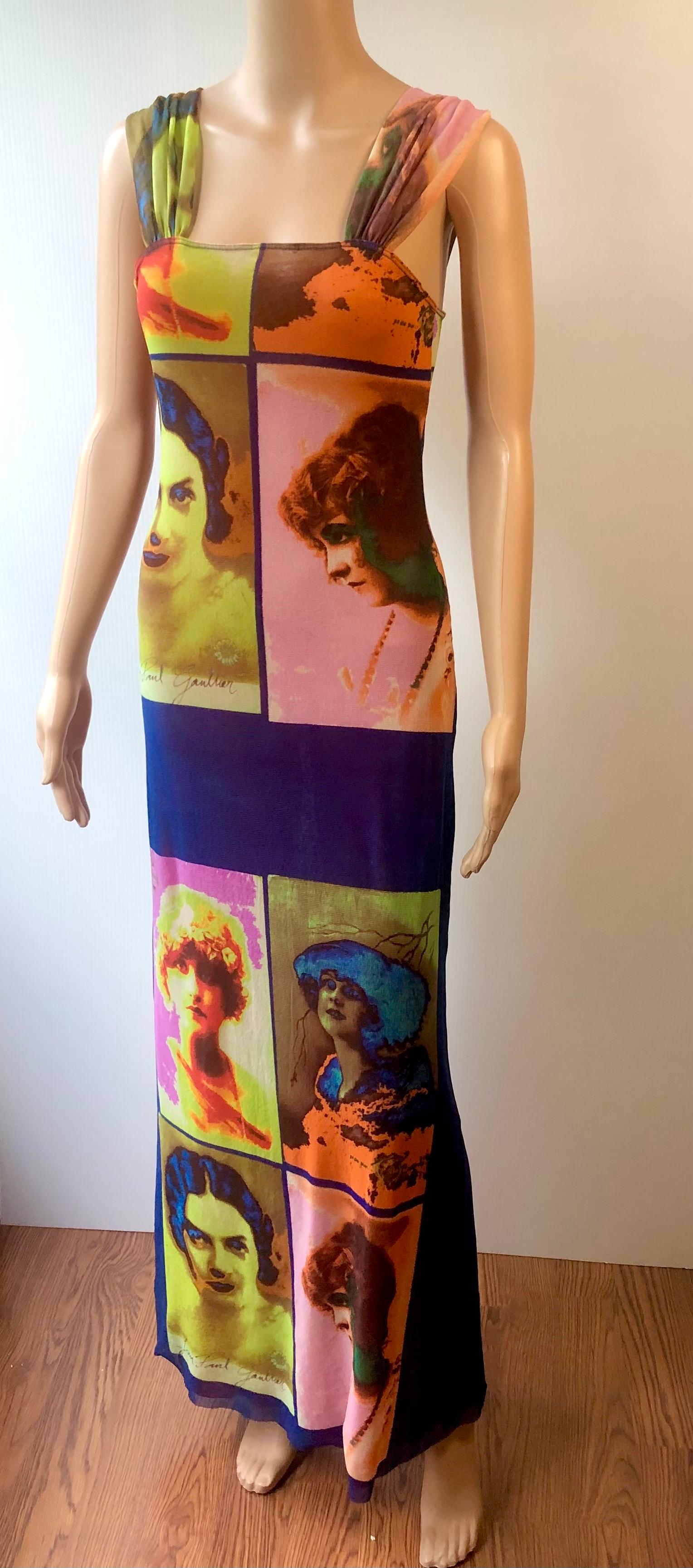 Jean Paul Gaultier Soleil S/S 2002 Vintage “Portraits” Mesh Maxi Dress  In Good Condition For Sale In Naples, FL