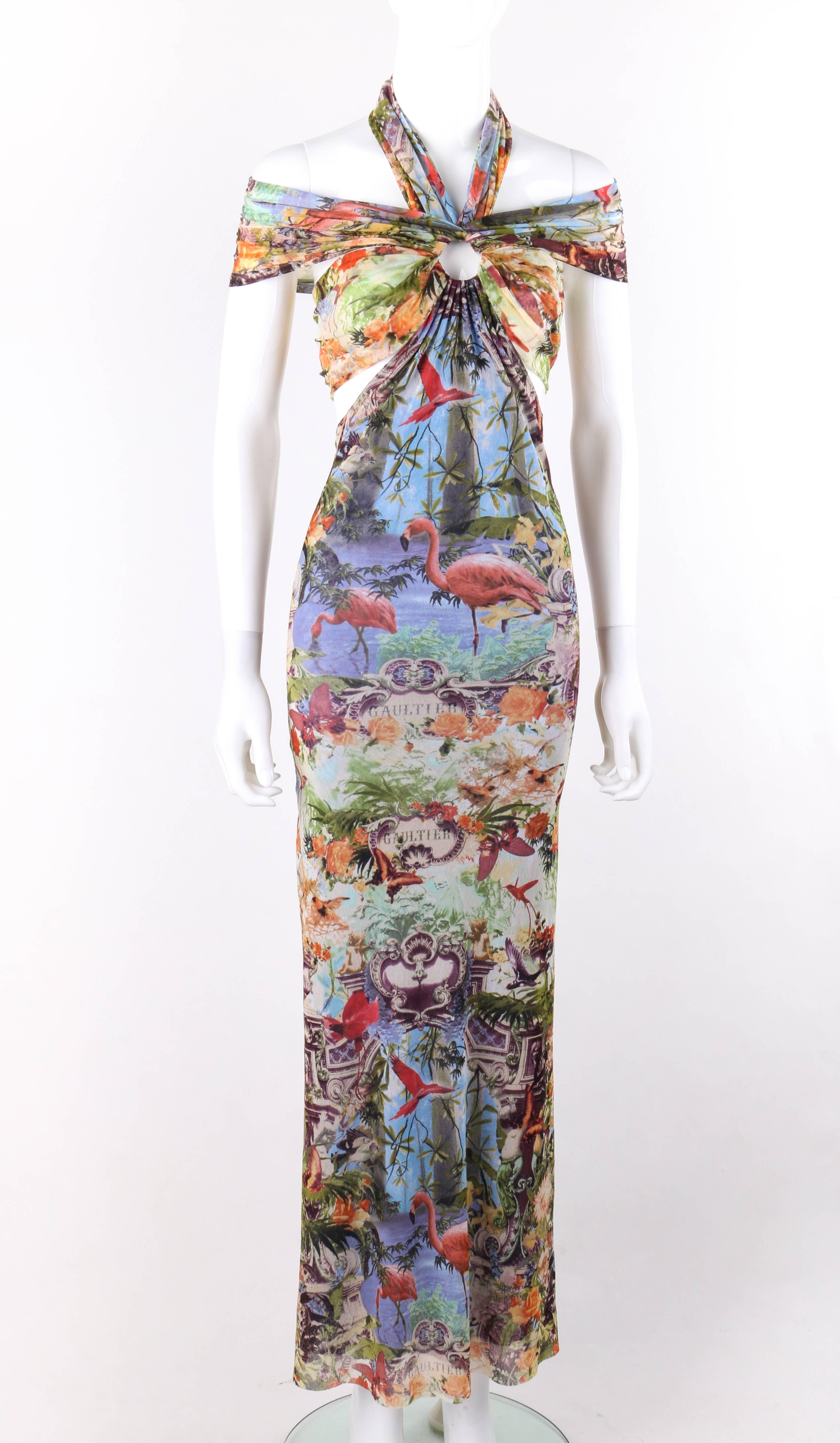 Jean Paul Gaultier Soleil c.1990's tropical flamingo print mesh halter maxi dress. All over tropical paradise botanical and bird motif signature print mesh. Keyhole neckline with three straps styled as a halter neck, off the shoulder, and across the