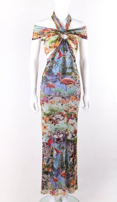 JEAN PAUL GAULTIER Soleil c.1990s Tropical Flamingo Print Mesh Halter Maxi Dress