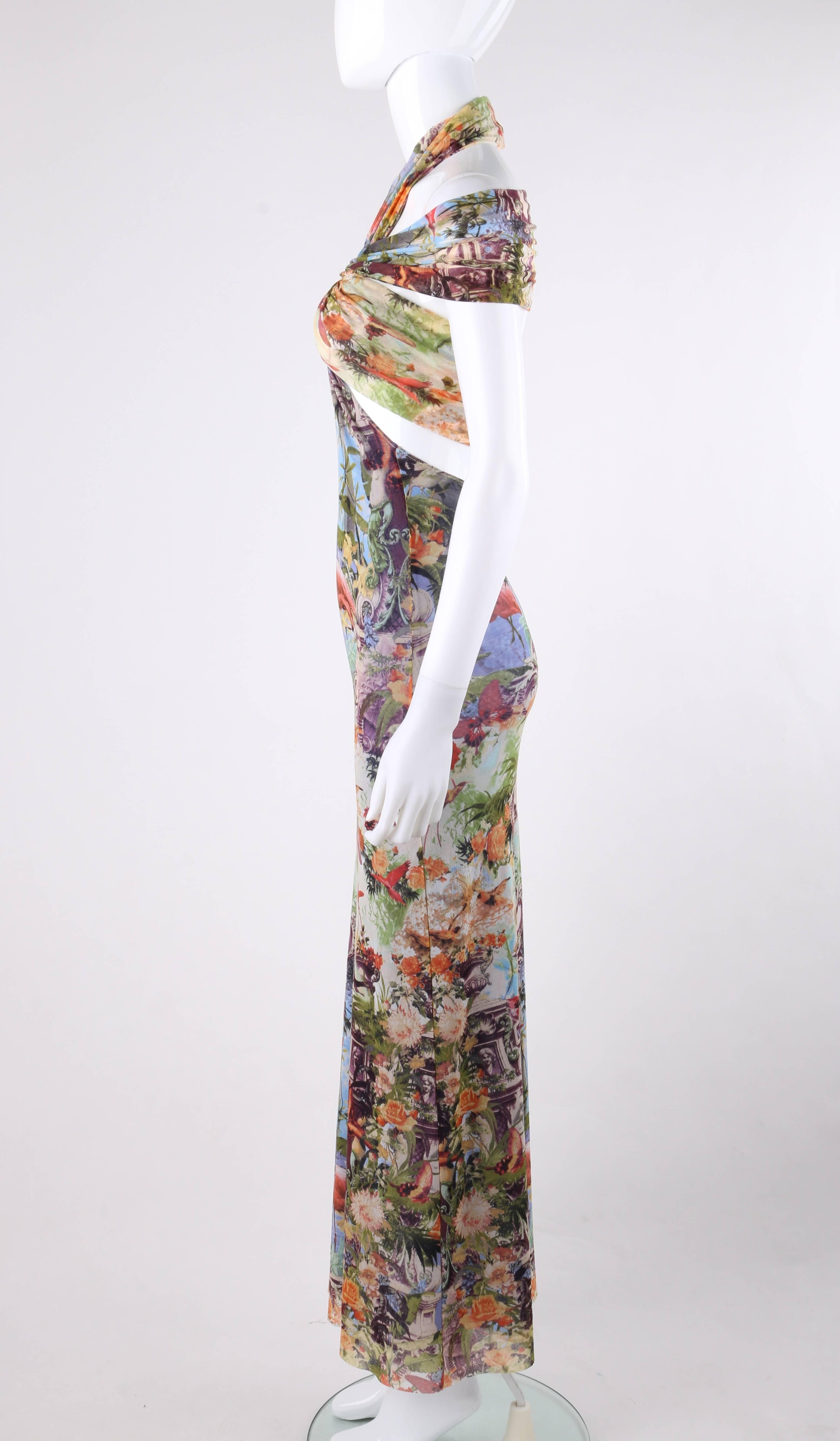 Gray JEAN PAUL GAULTIER Soleil c.1990s Tropical Flamingo Print Mesh Halter Maxi Dress