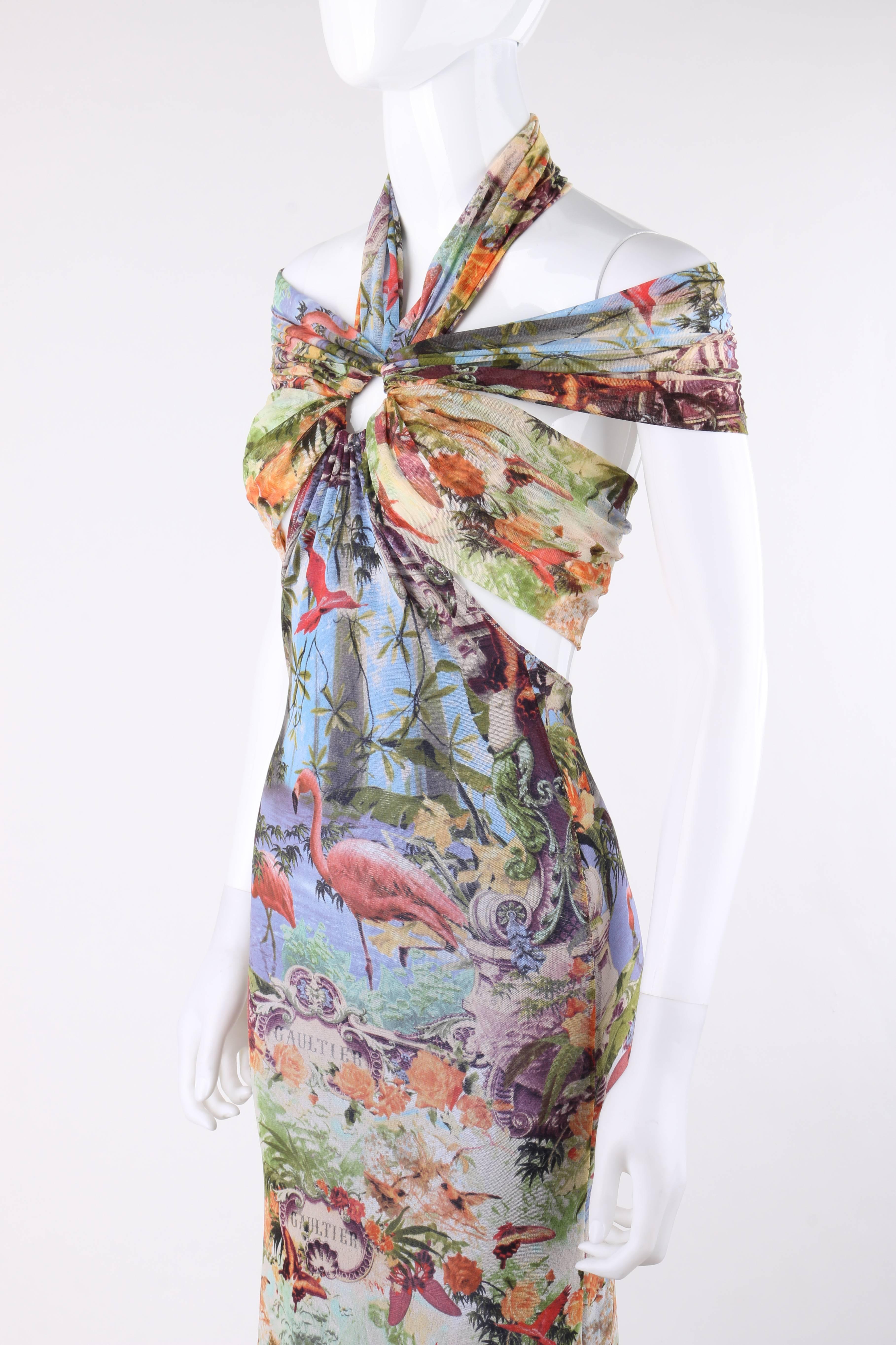 JEAN PAUL GAULTIER Soleil c.1990s Tropical Flamingo Print Mesh Halter Maxi Dress In New Condition In Thiensville, WI