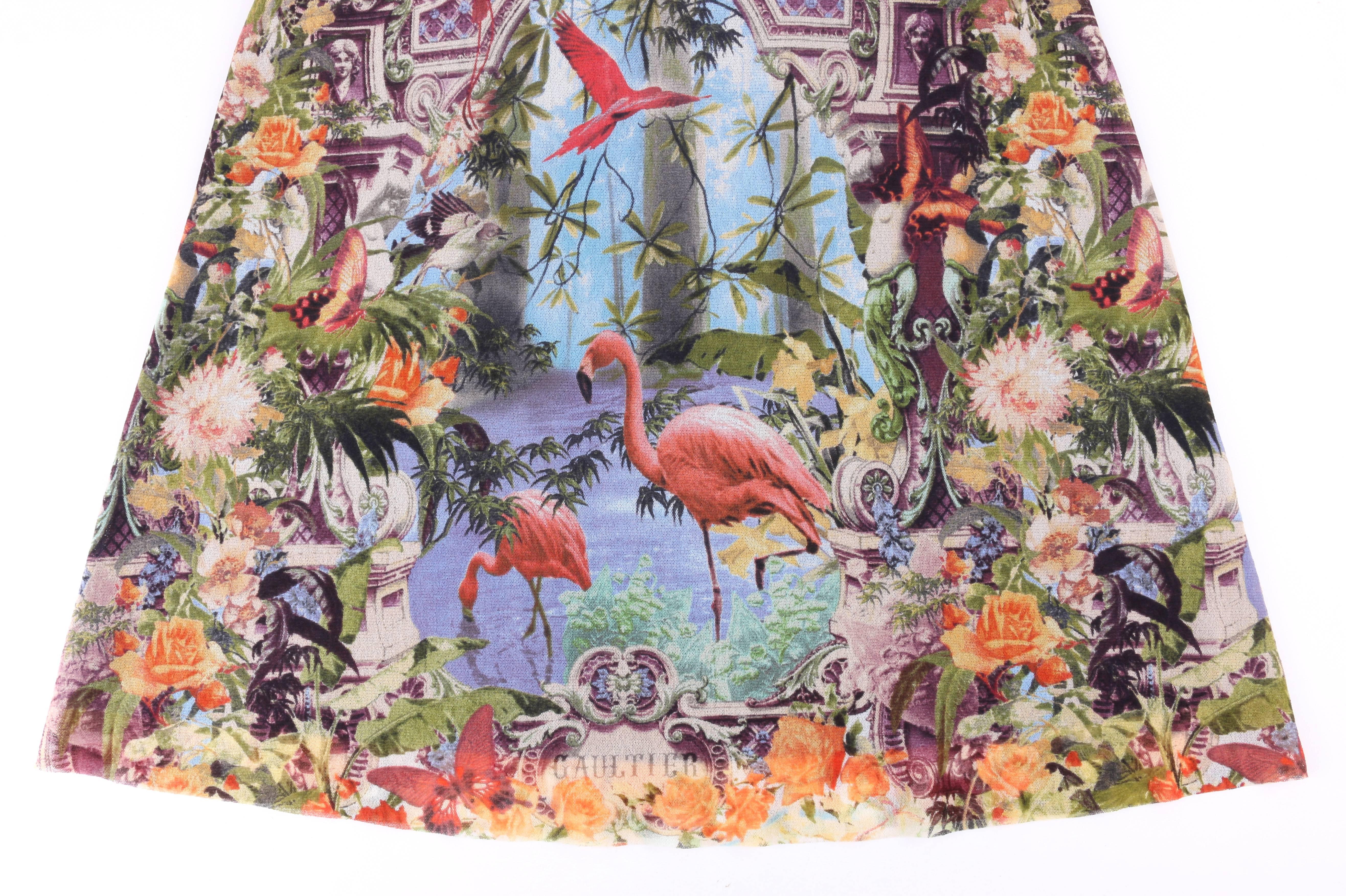 Women's JEAN PAUL GAULTIER Soleil c.1990s Tropical Flamingo Print Mesh Halter Maxi Dress