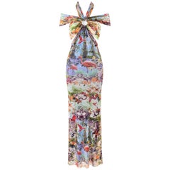 JEAN PAUL GAULTIER Soleil c.1990s Tropical Flamingo Print Mesh Halter Maxi Dress