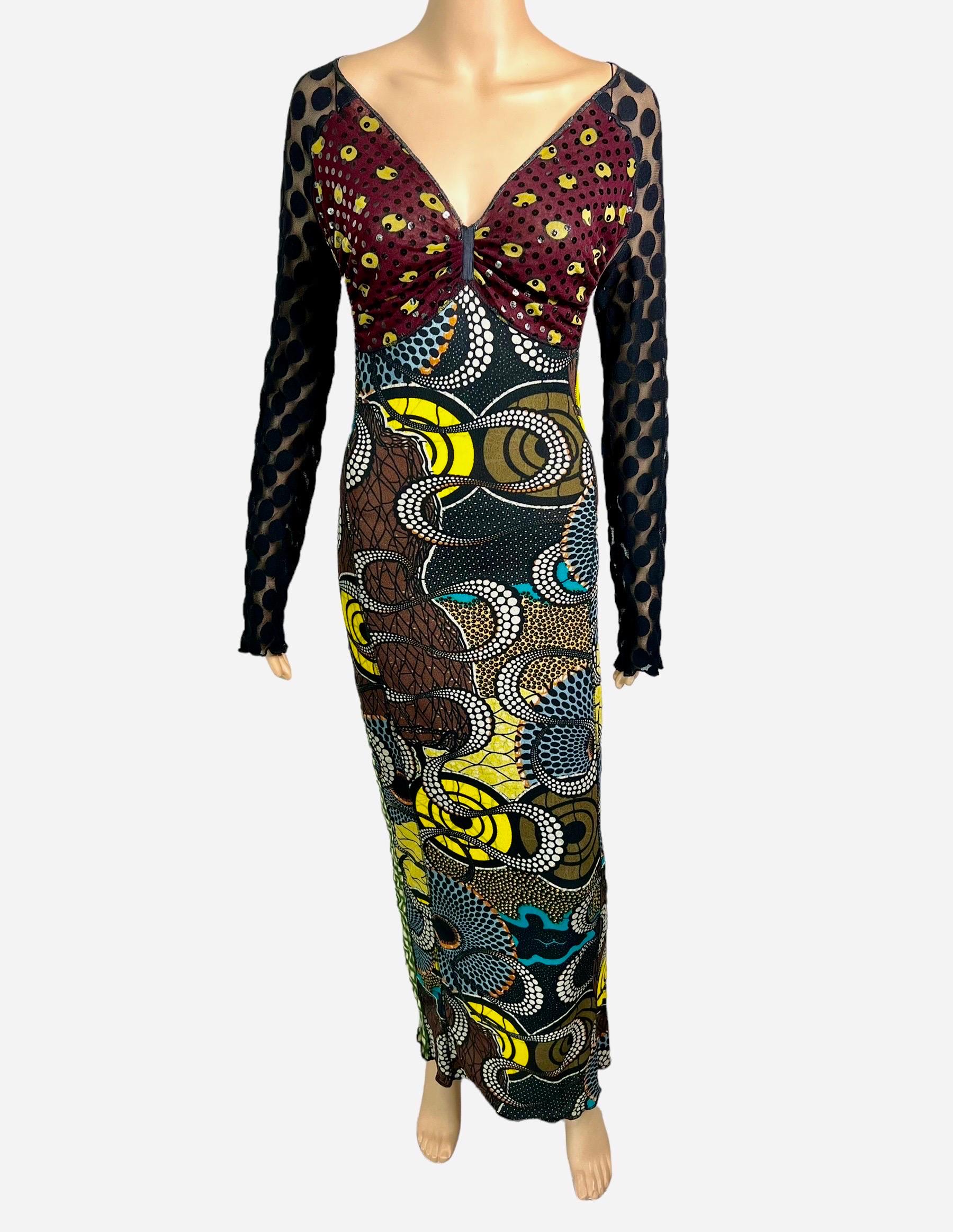 Jean Paul Gaultier Soleil c.1996 Op Art Circle Dots Print Embellished Cutout Back Semi-Sheer Maxi Dress
