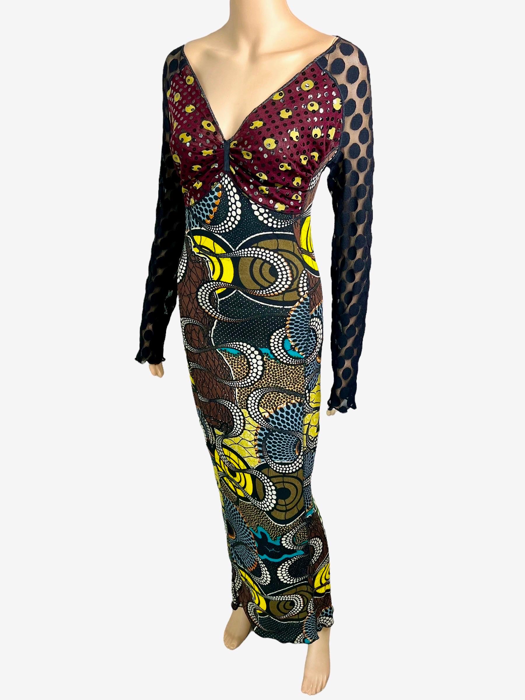 Black Jean Paul Gaultier Soleil c.1996 Op Art Circle Dots Print Cutout Back Maxi Dress For Sale