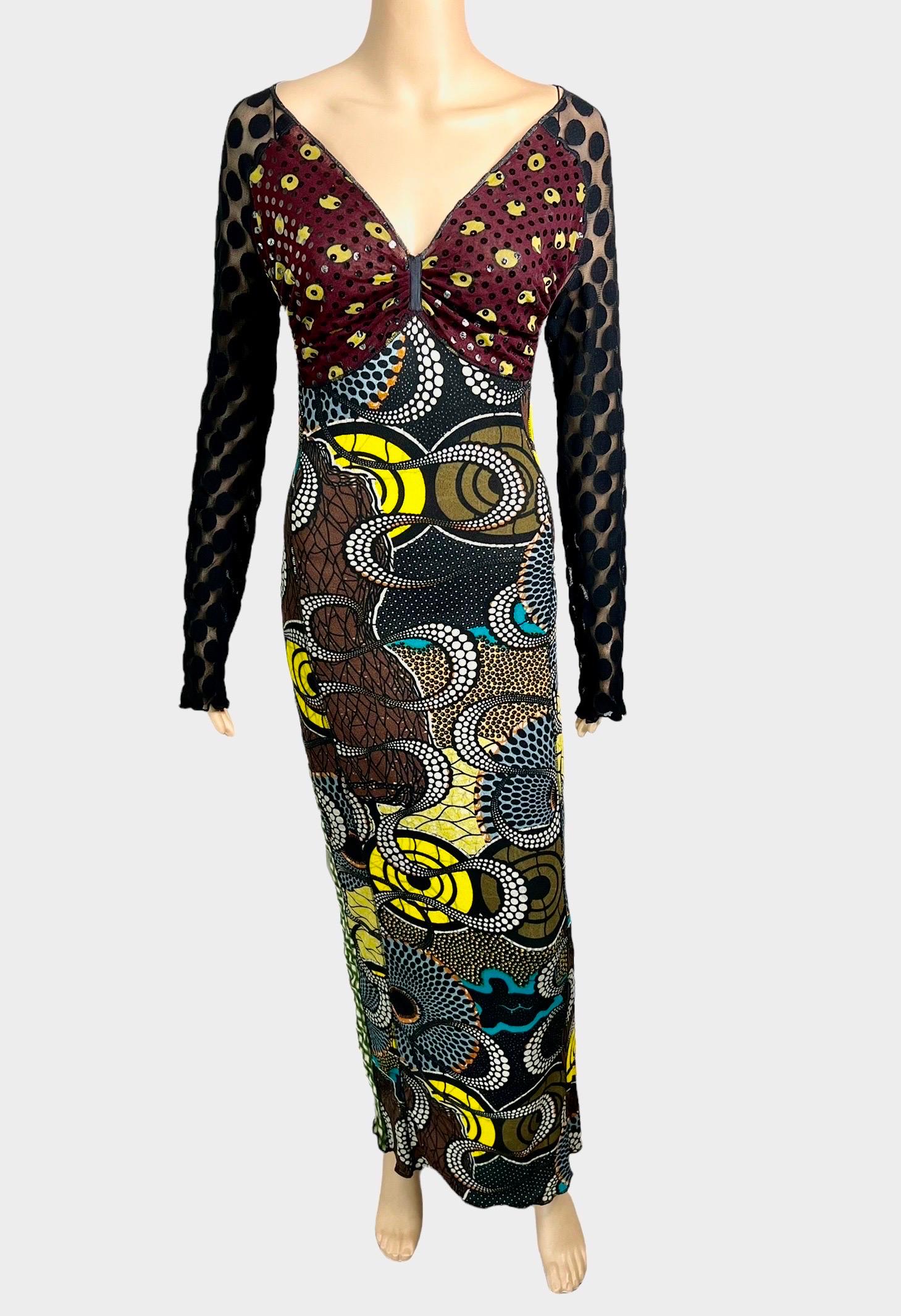 Women's Jean Paul Gaultier Soleil c.1996 Op Art Circle Dots Print Cutout Back Maxi Dress For Sale