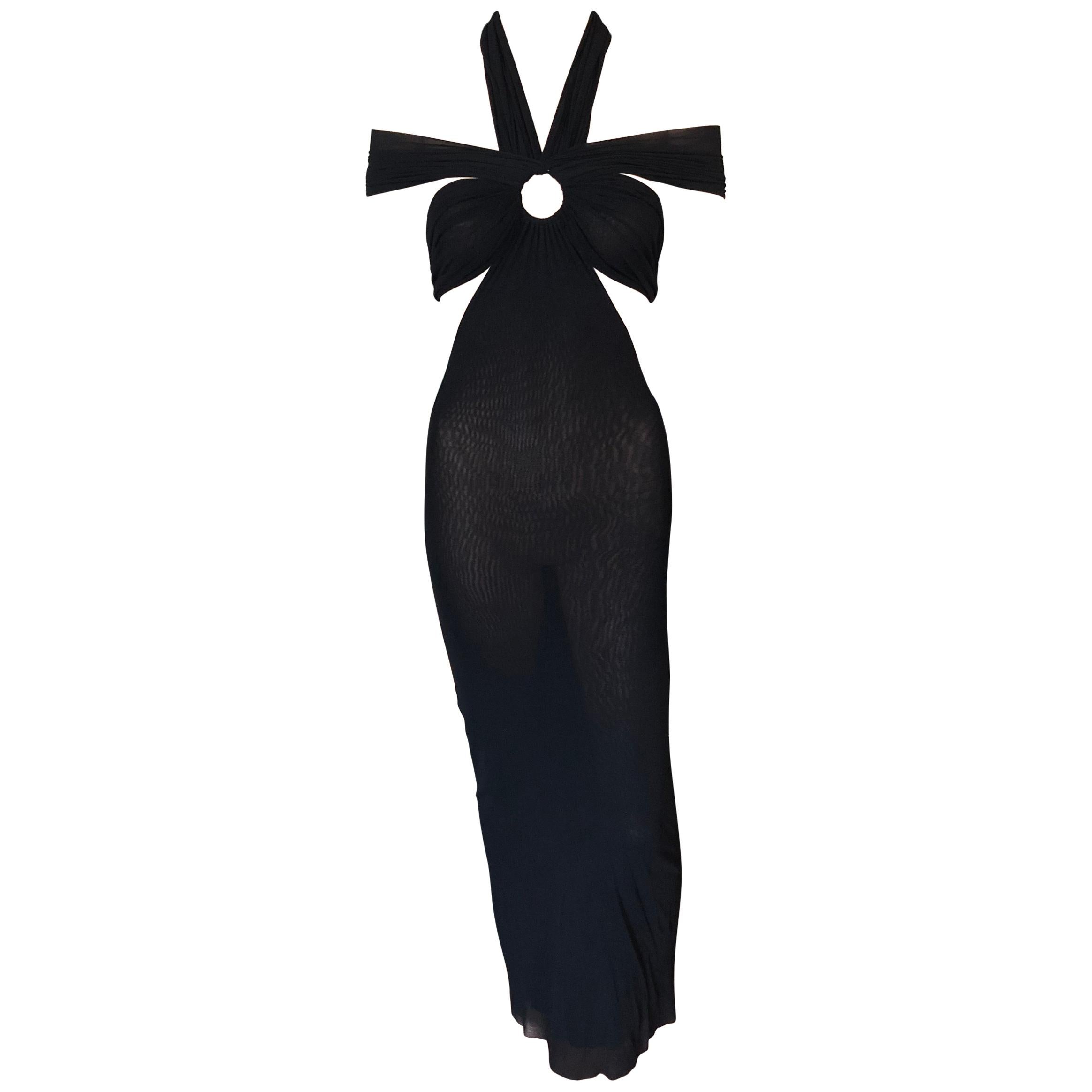 Jean Paul Gaultier Soleil S/S 1999 - Robe longue moulante noire à découpes en maille transparente
