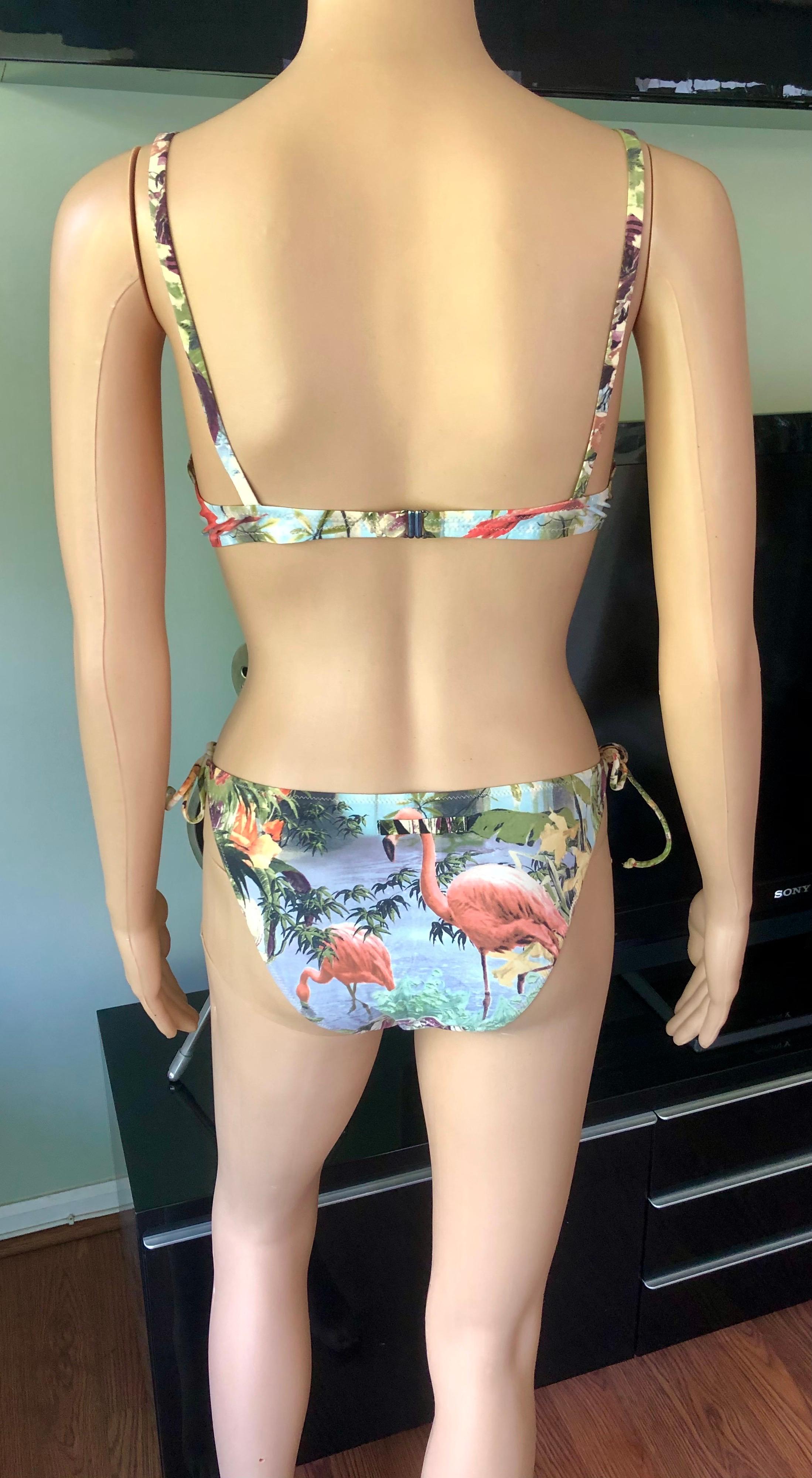 Jean Paul Gaultier Soleil S/S 1999 Flamingo Tropical Print Bikini Swimwear Swimsuit 2 Piece Set IT 46


