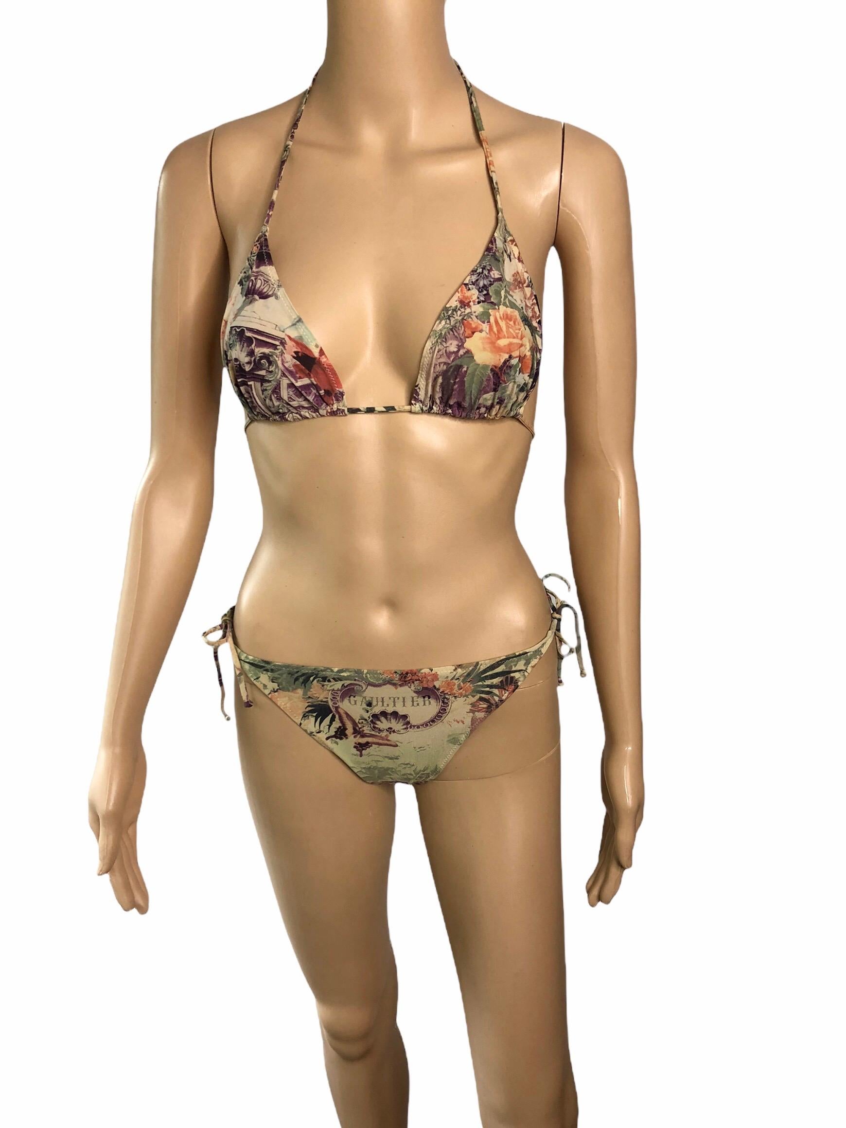 Jean Paul Gaultier Soleil  S/S 1999 Flamingo Tropical Print Bikini Swimwear Swimsuit 2 Piece Set IT 44


