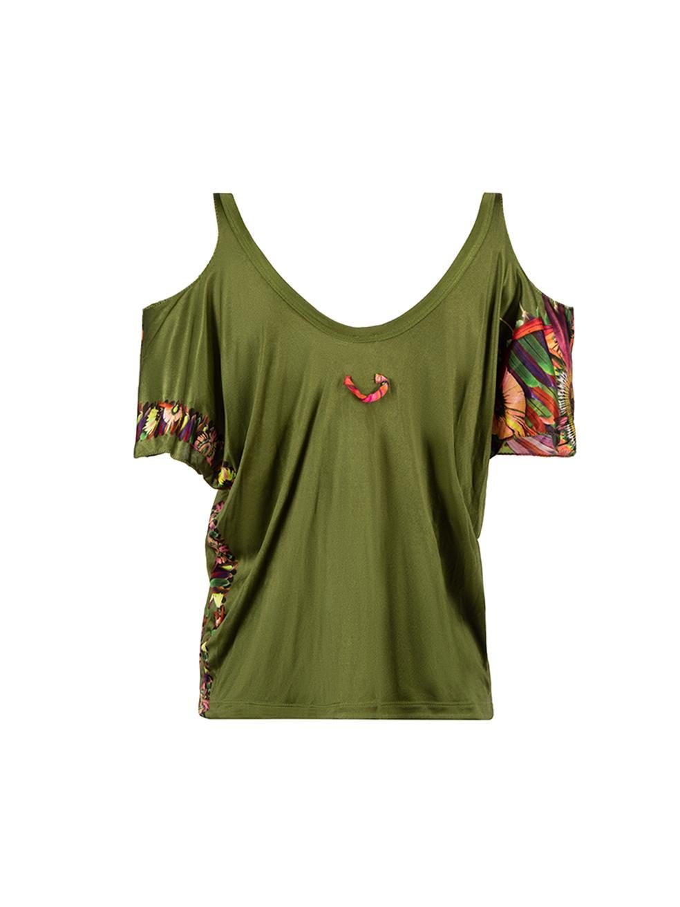 Jean Paul Gaultier Soleil Green Floral Printed Cold Shoulder Top Size XS In Good Condition For Sale In London, GB