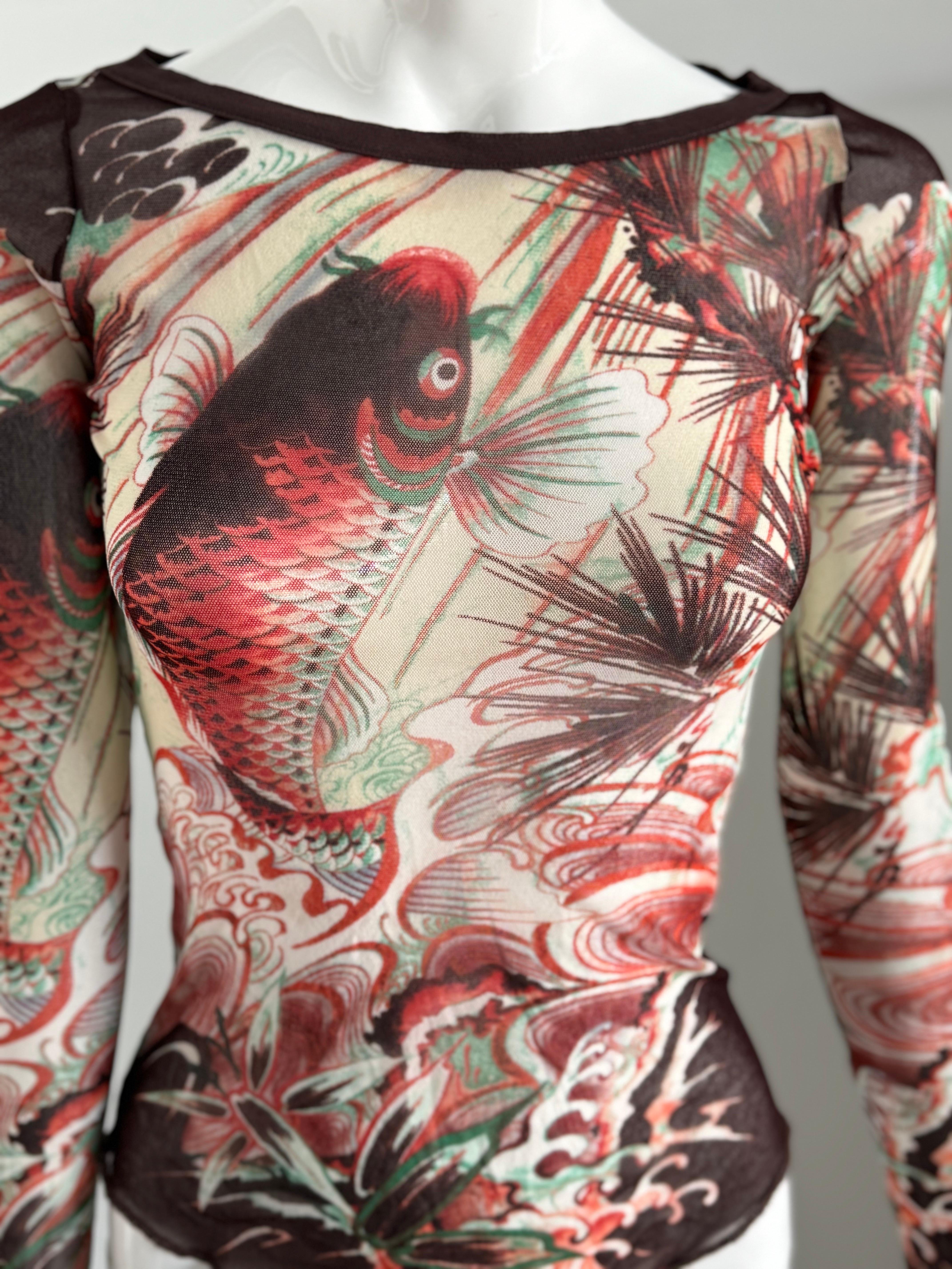 Brown Jean Paul Gaultier Soleil Koi Fish Tattoo Mesh Top For Sale