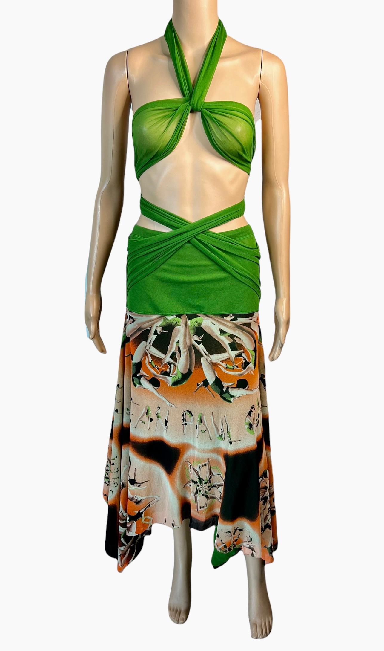 Green Jean Paul Gaultier Soleil Logo People Print Semi-Sheer Mesh Maxi Skirt Dress For Sale