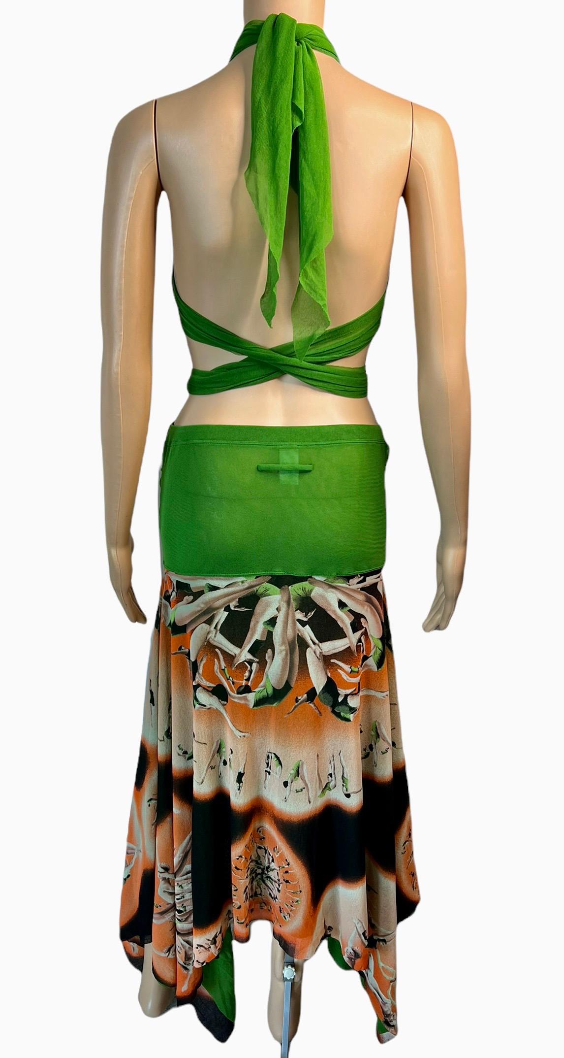 Green Jean Paul Gaultier Soleil Logo People Print Semi-Sheer Mesh Maxi Skirt Dress