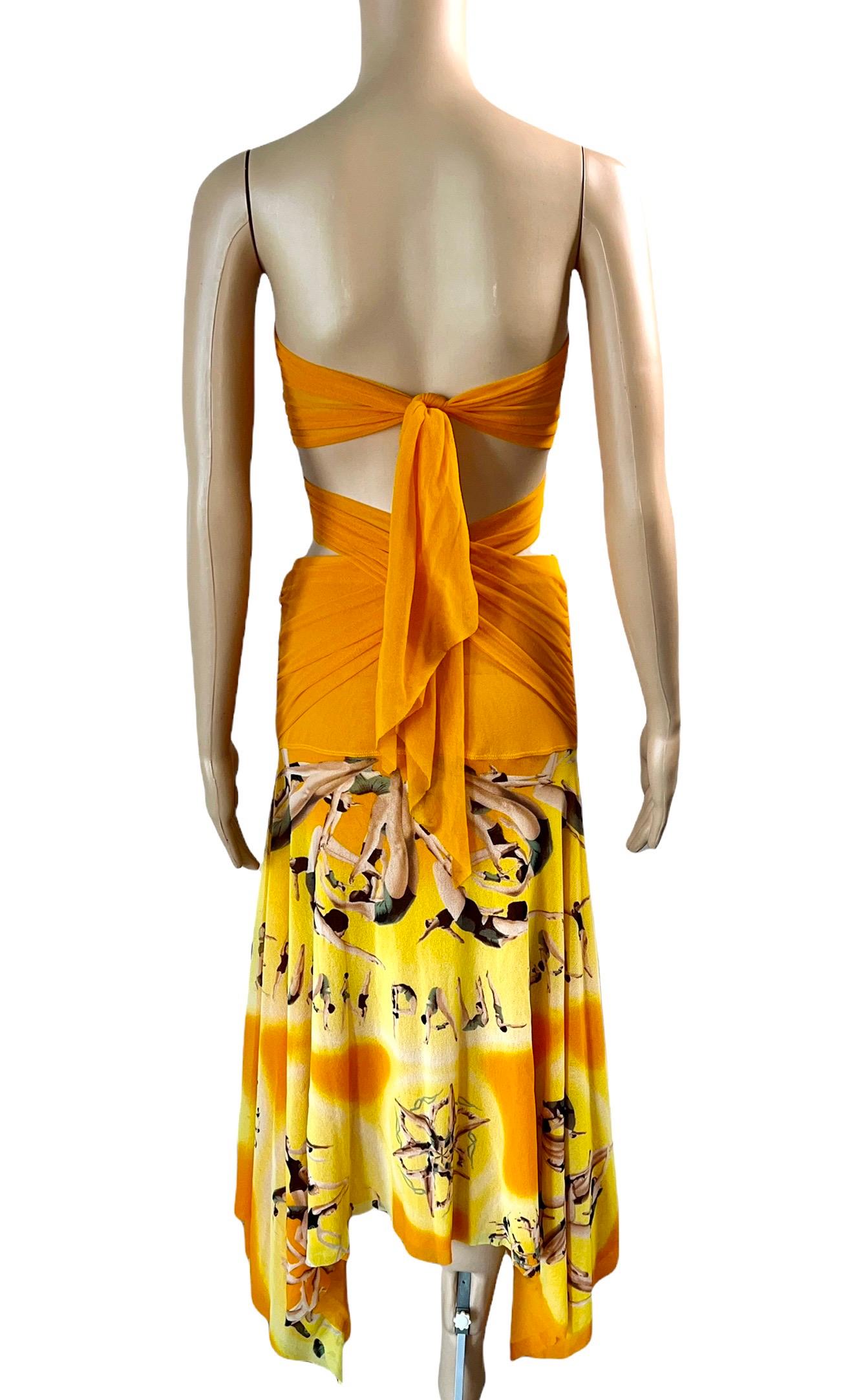 Orange Jean Paul Gaultier Soleil Logo People Print Semi-Sheer Mesh Maxi Skirt Dress