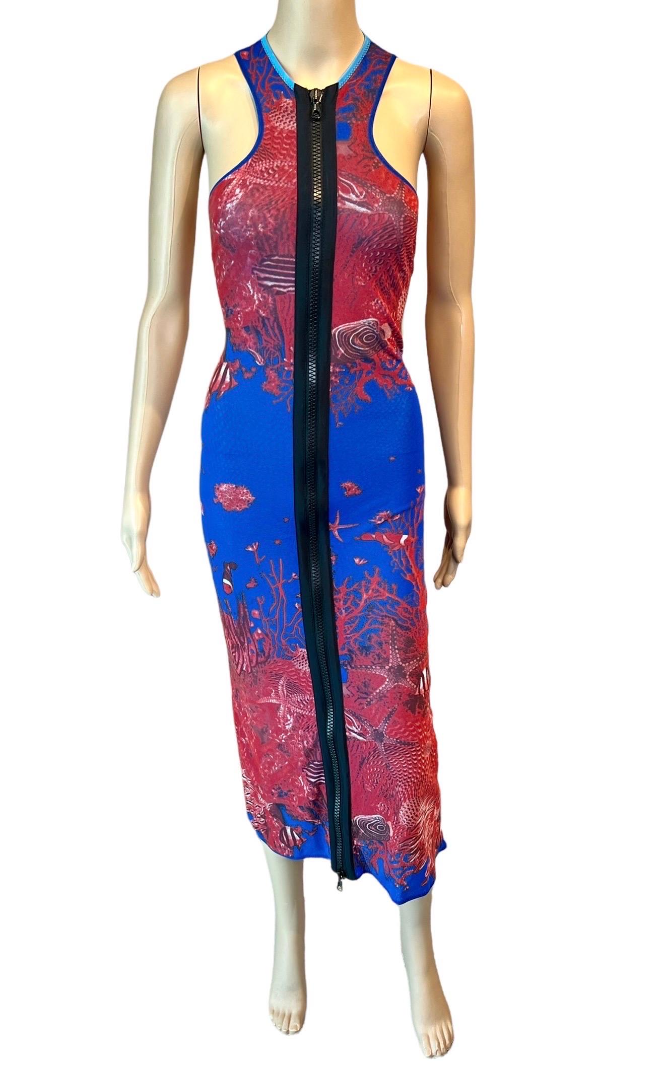 Jean Paul Gaultier Soleil S/S 1999 Sea Life Print Bodycon Zipper Mesh Maxi Dress For Sale 4
