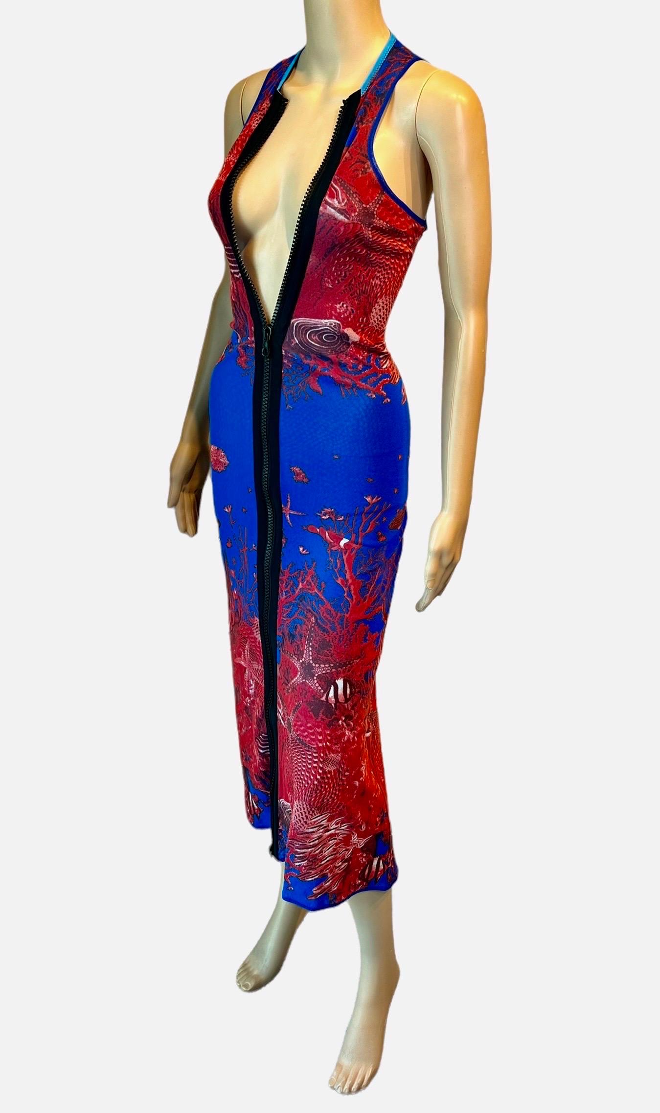 Jean Paul Gaultier Soleil S/S 1999 Sea Life Print Bodycon Zipper Mesh Maxi Dress For Sale 5