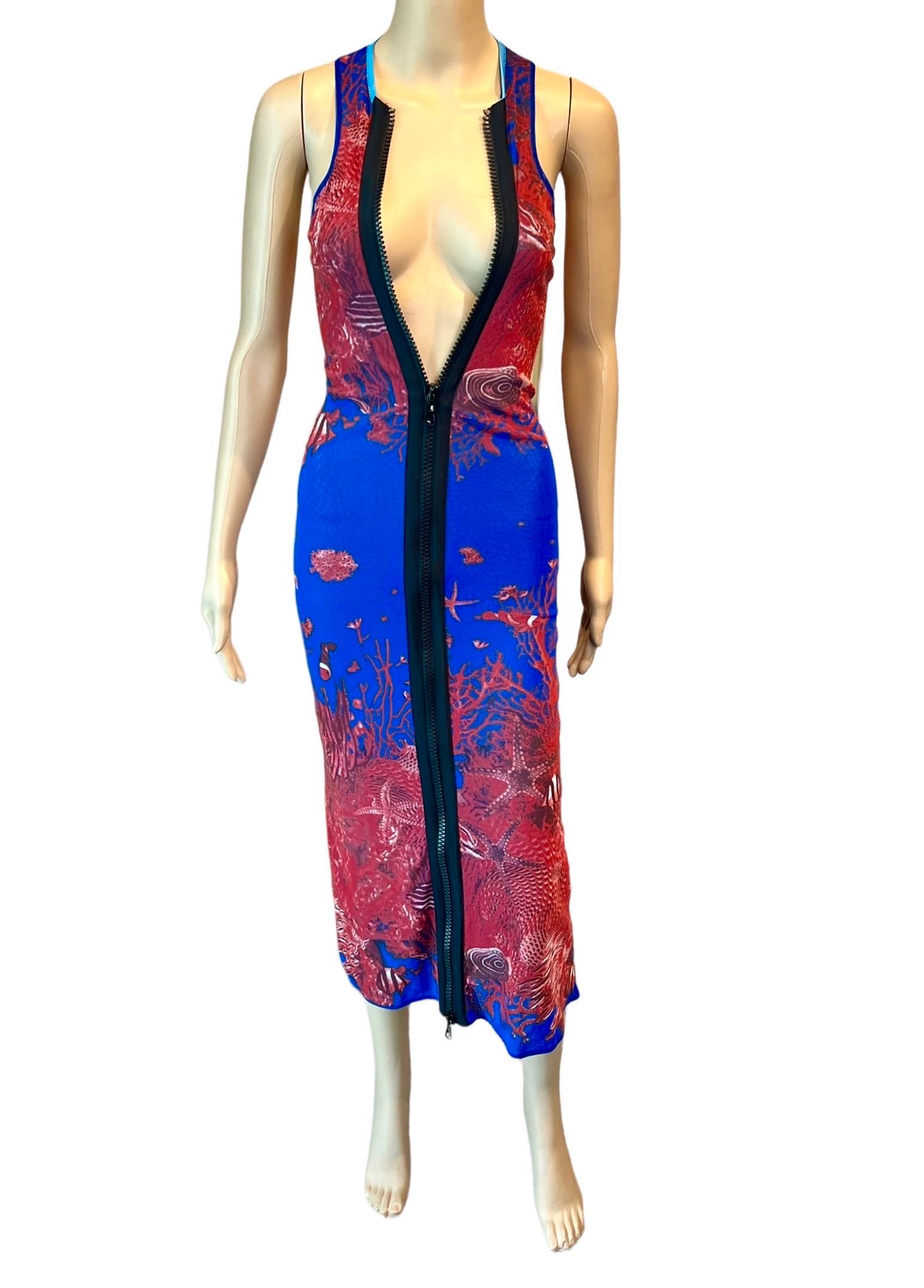 Jean Paul Gaultier Soleil S/S 1999 Sea Life Print Bodycon Zipper Mesh Maxi Dress 6