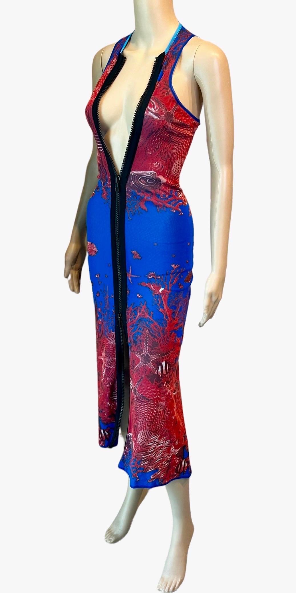 Jean Paul Gaultier Soleil S/S 1999 Sea Life Print Bodycon Zipper Mesh Maxi Dress Size L