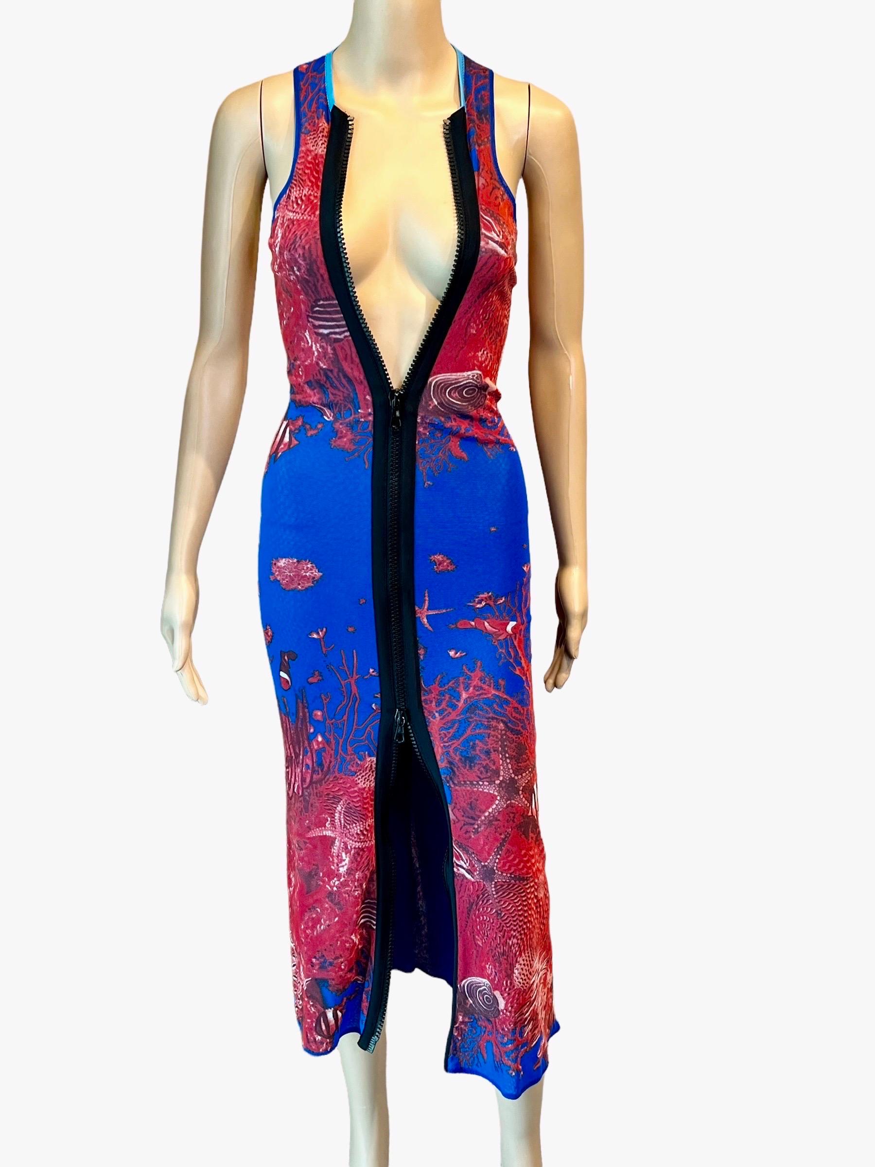 Violet Jean Paul Gaultier Soleil - Robe longue moulante en maille avec imprimé natures marines et fermeture éclair, printemps-été 1999 en vente