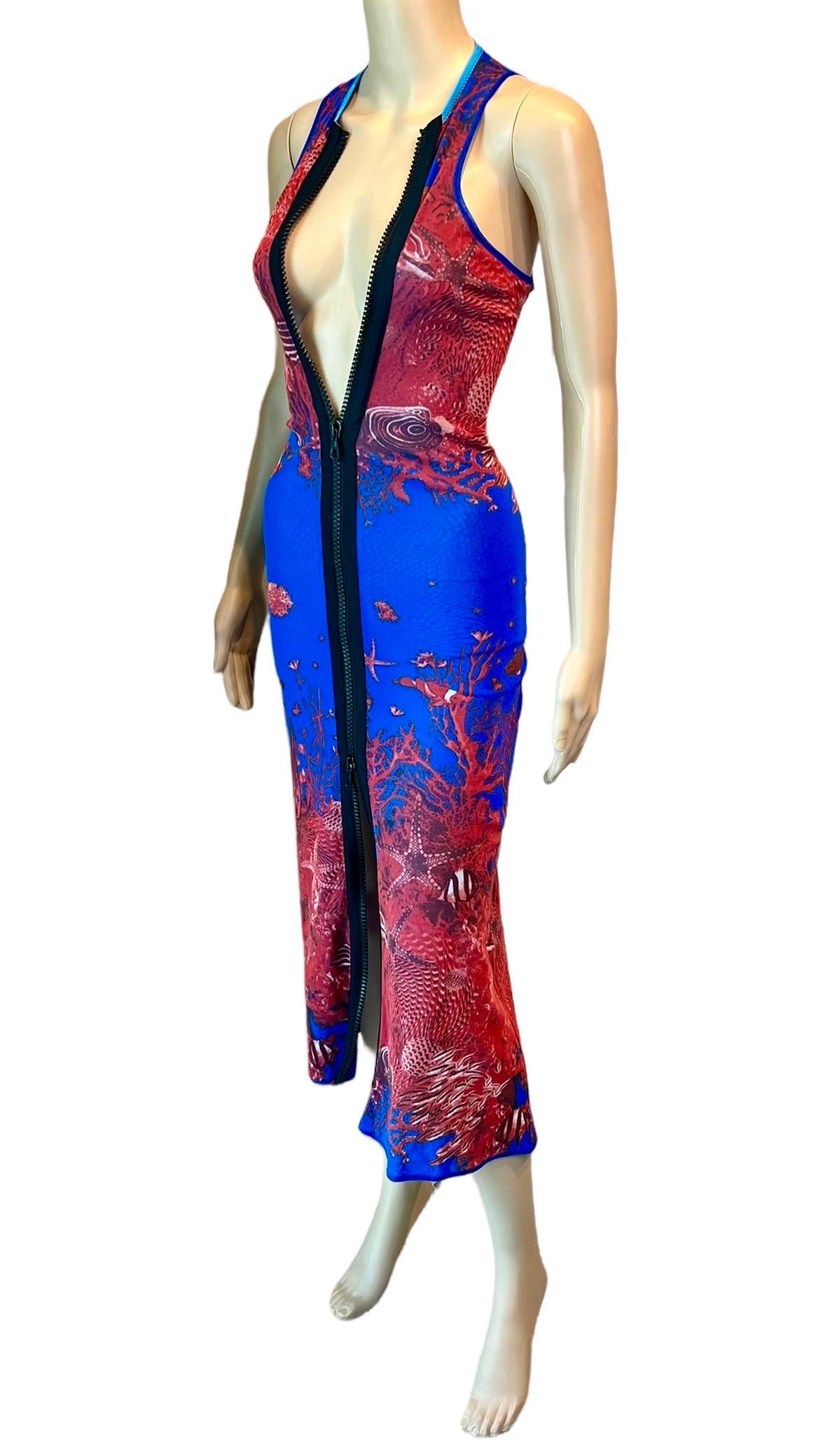 Purple Jean Paul Gaultier Soleil S/S 1999 Sea Life Print Bodycon Zipper Mesh Maxi Dress