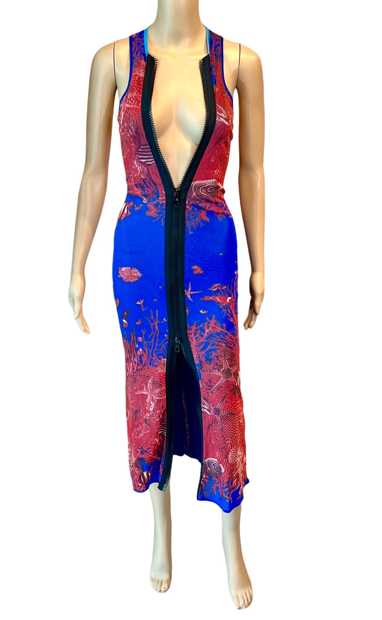 Jean Paul Gaultier Soleil S/S 1999 Sea Life Print Bodycon Zipper Mesh Maxi Dress In Good Condition In Naples, FL