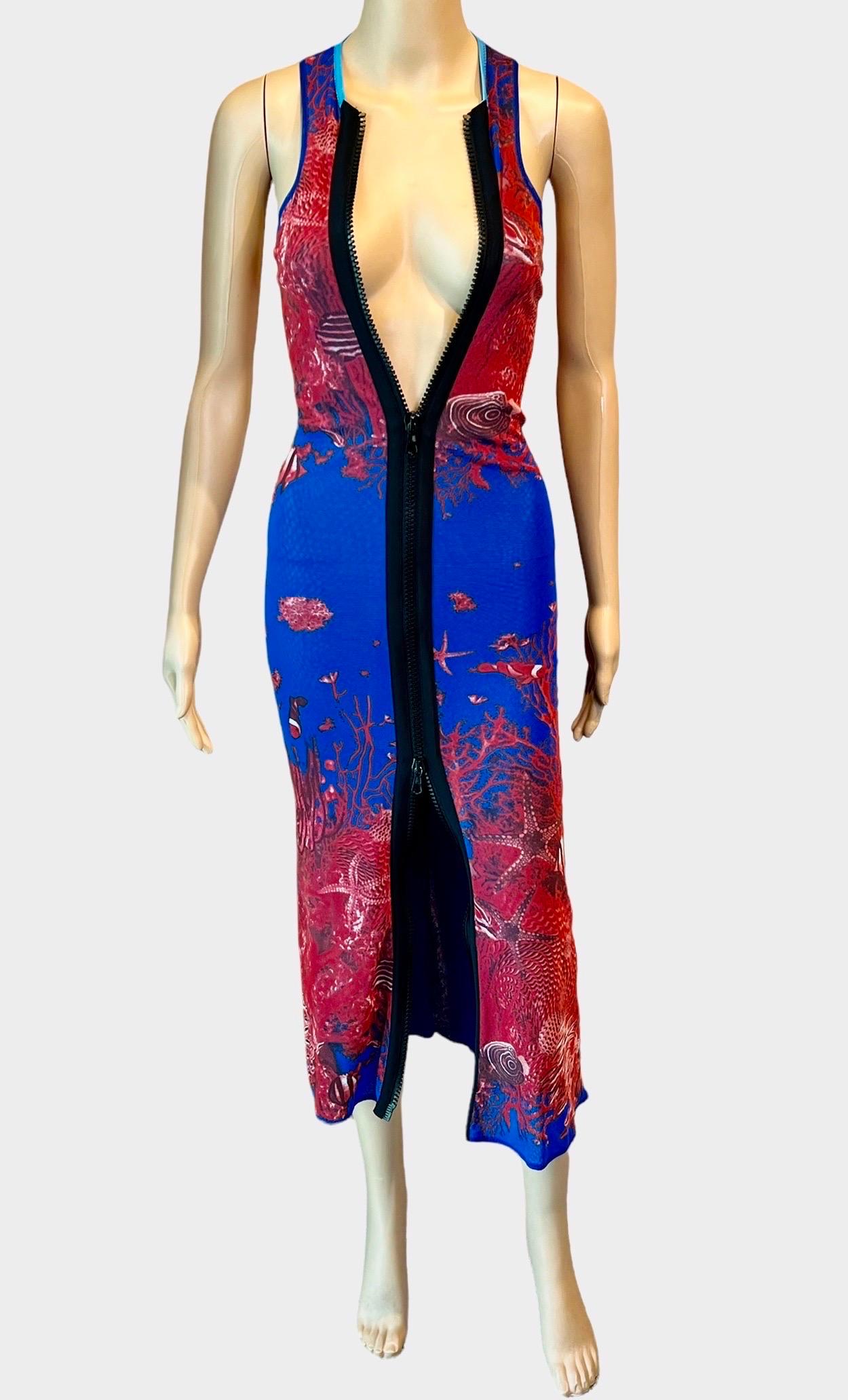 Jean Paul Gaultier Soleil - Robe longue moulante en maille avec imprimé natures marines et fermeture éclair, printemps-été 1999 en vente 2