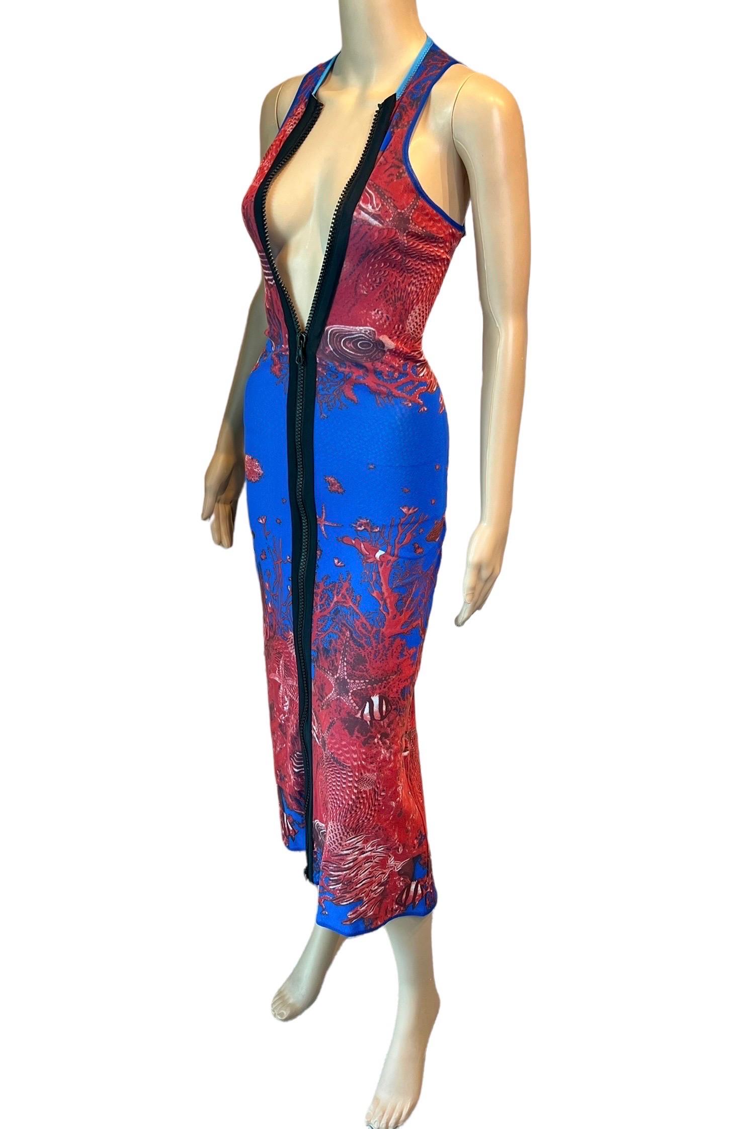 Jean Paul Gaultier Soleil - Robe longue moulante en maille avec imprimé natures marines et fermeture éclair, printemps-été 1999 en vente 4