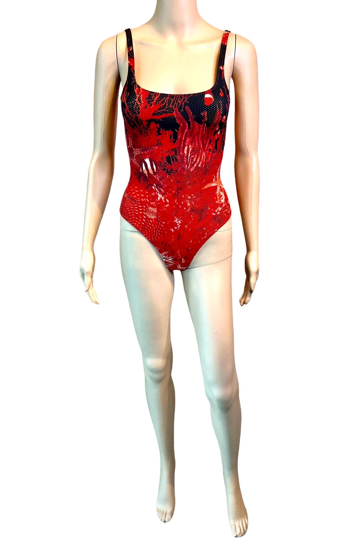 Red Jean Paul Gaultier Soleil S/S 1999 Sea Life Print Bodysuit Swimwear Swimsuit For Sale