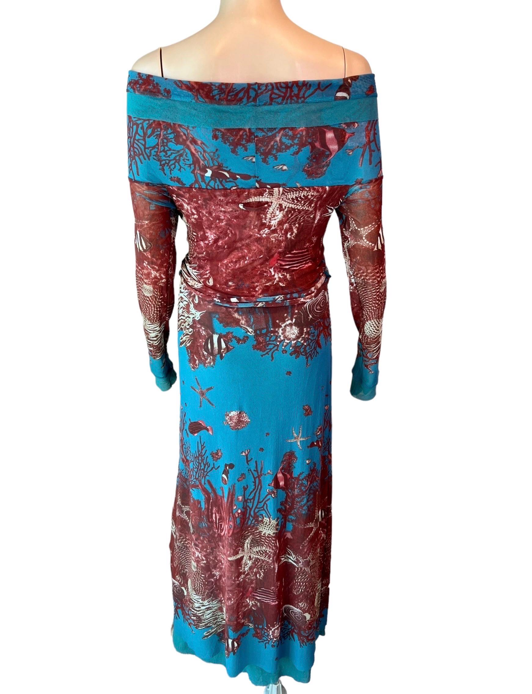 Jean Paul Gaultier Soleil - Robe longue en maille à épaules dénudées imprimée natures marines, printemps-été 1999 en vente 5