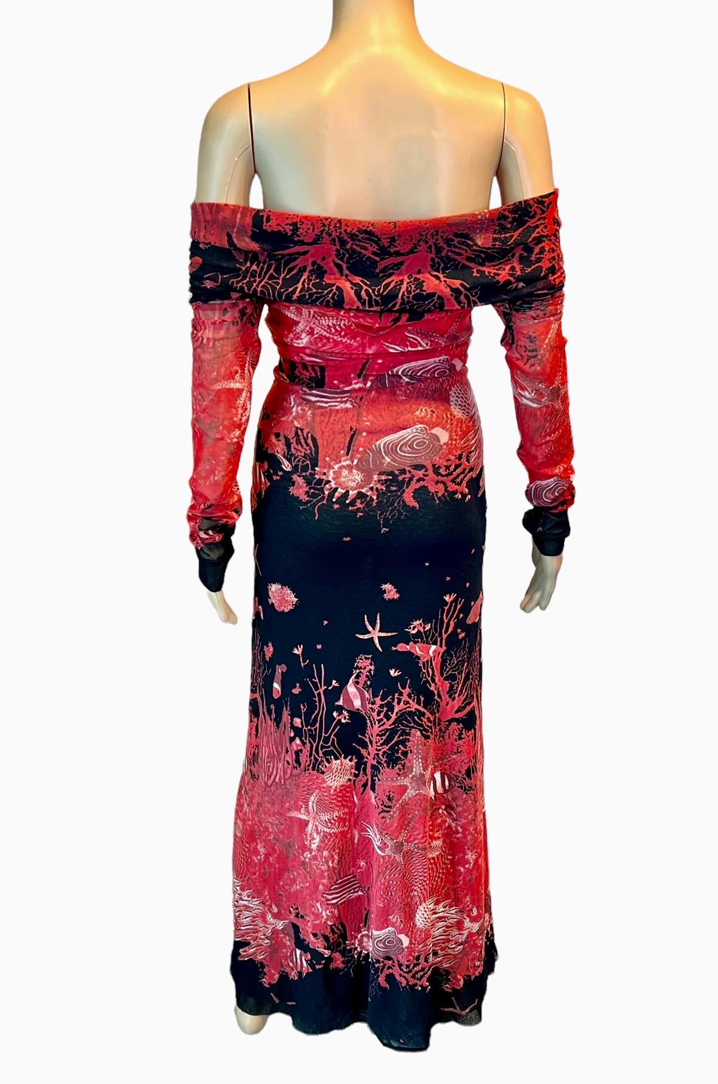 Jean Paul Gaultier Soleil S/S 1999 Sea Life Print Off Shoulder Mesh Maxi Dress For Sale 11