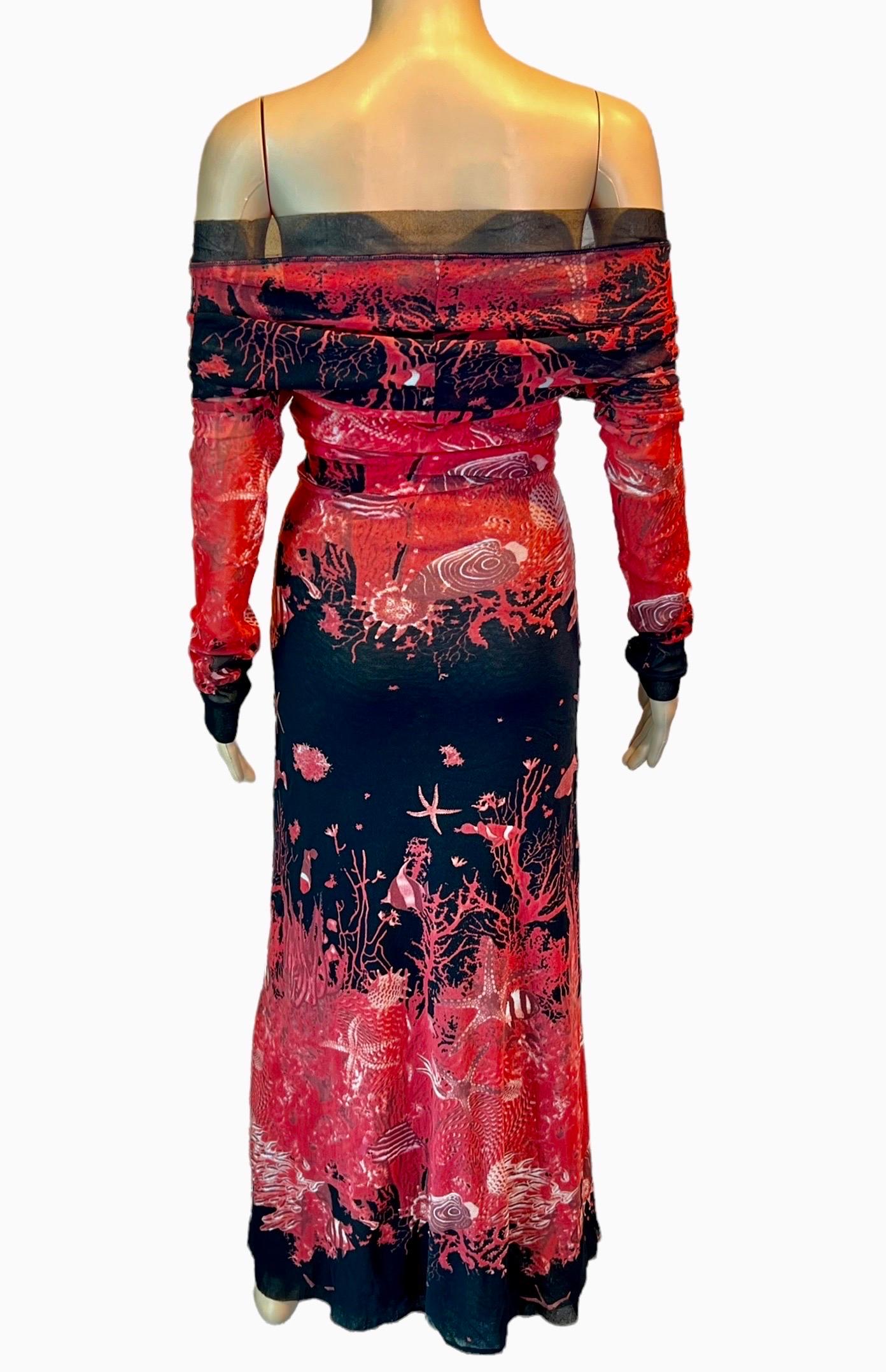 Jean Paul Gaultier Soleil - Robe longue en maille à épaules dénudées imprimée natures marines, printemps-été 1999 en vente 11