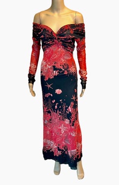 Jean Paul Gaultier Soleil S/S 1999 schulterfreies Maxikleid aus Mesh mit Meereslebenmuster