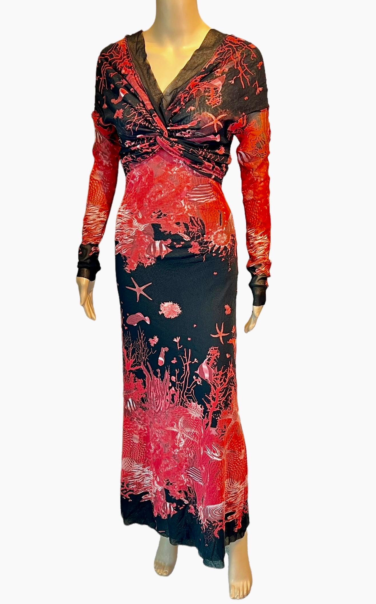 Jean Paul Gaultier Soleil S/S 1999 Sea Life Print Off Shoulder Mesh Maxi Dress In Good Condition For Sale In Naples, FL