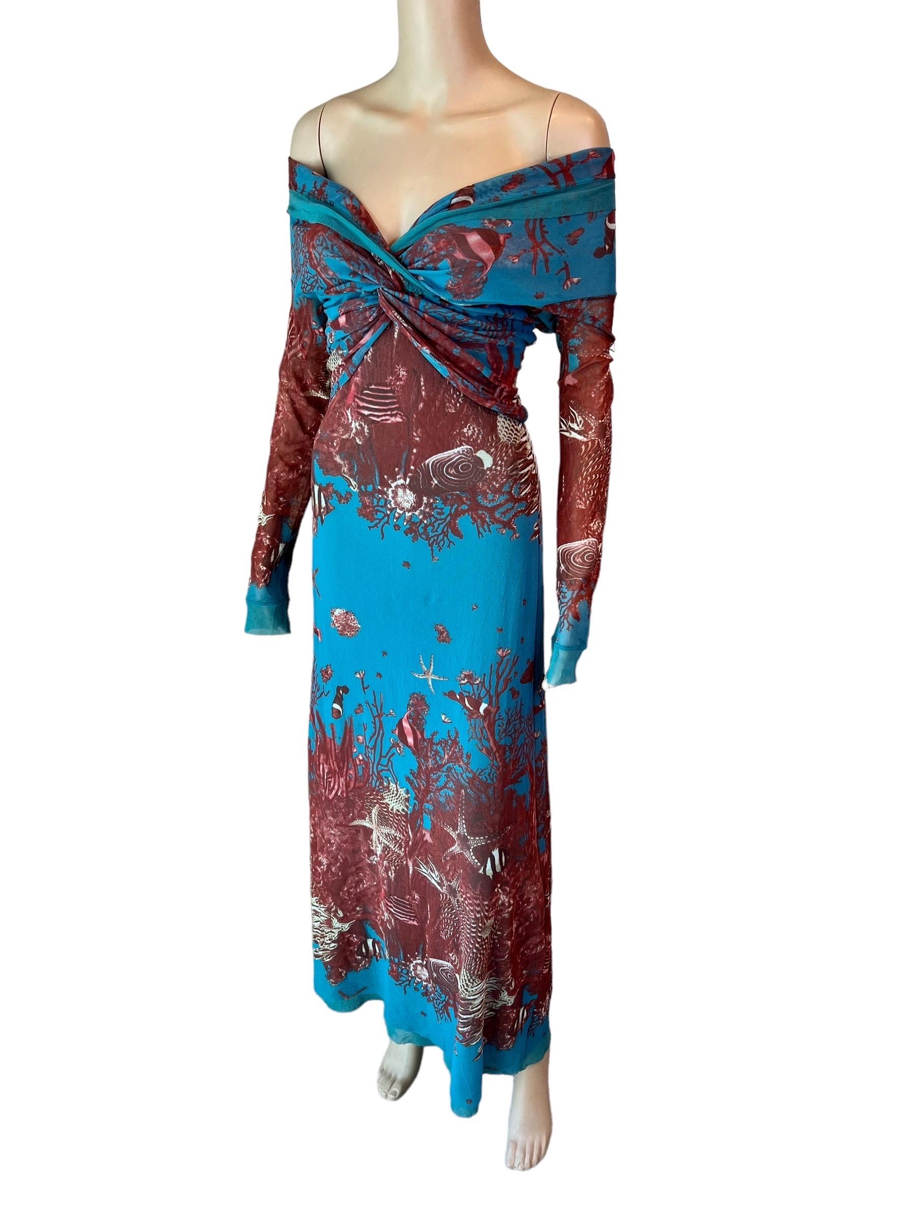 Jean Paul Gaultier Soleil - Robe longue en maille à épaules dénudées imprimée natures marines, printemps-été 1999 en vente 2
