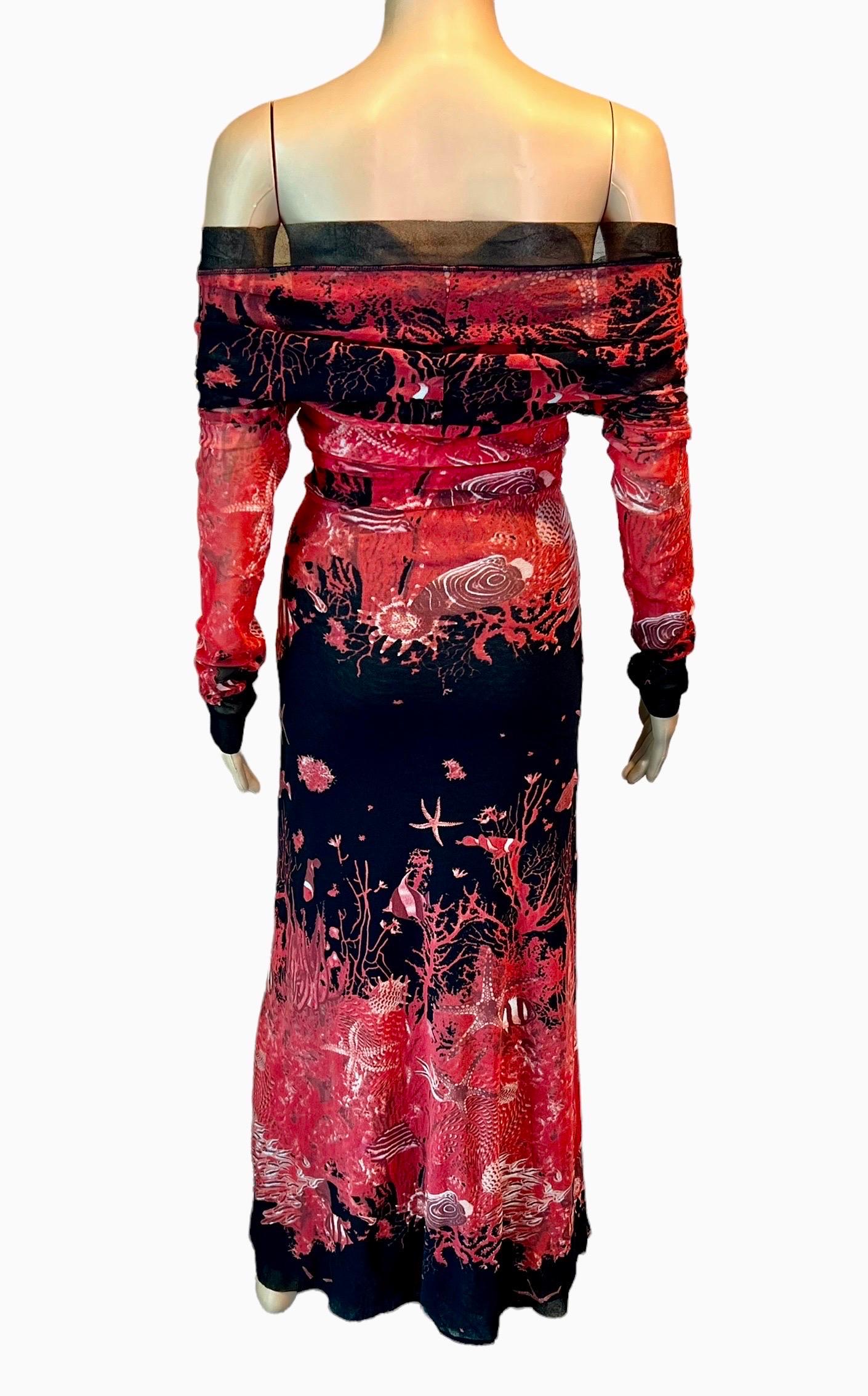 Jean Paul Gaultier Soleil - Robe longue en maille à épaules dénudées imprimée natures marines, printemps-été 1999 en vente 3