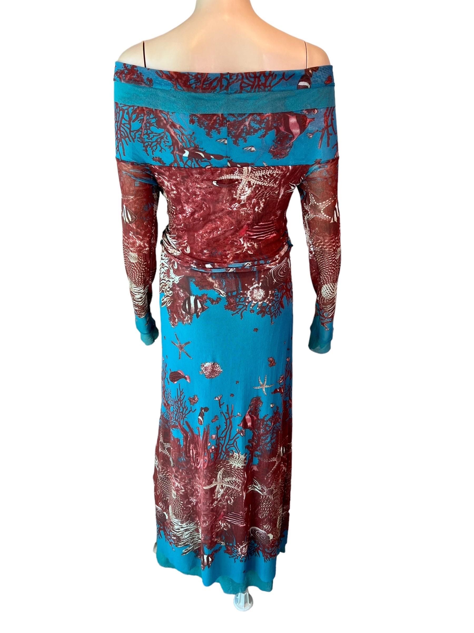 Jean Paul Gaultier Soleil - Robe longue en maille à épaules dénudées imprimée natures marines, printemps-été 1999 en vente 4