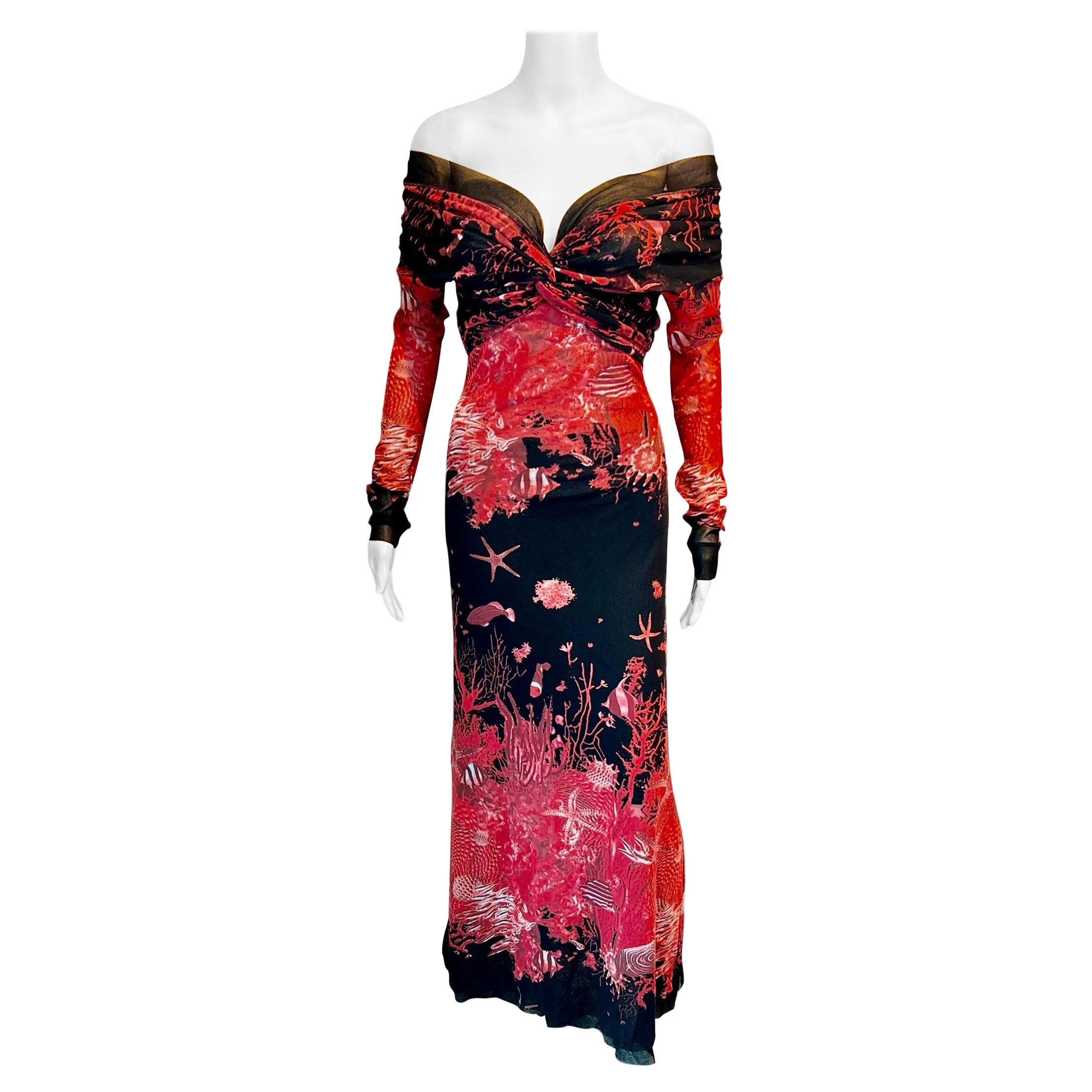 Jean Paul Gaultier Soleil S/S 1999 Maxivestido de malla con estampado de vida marina sin hombros