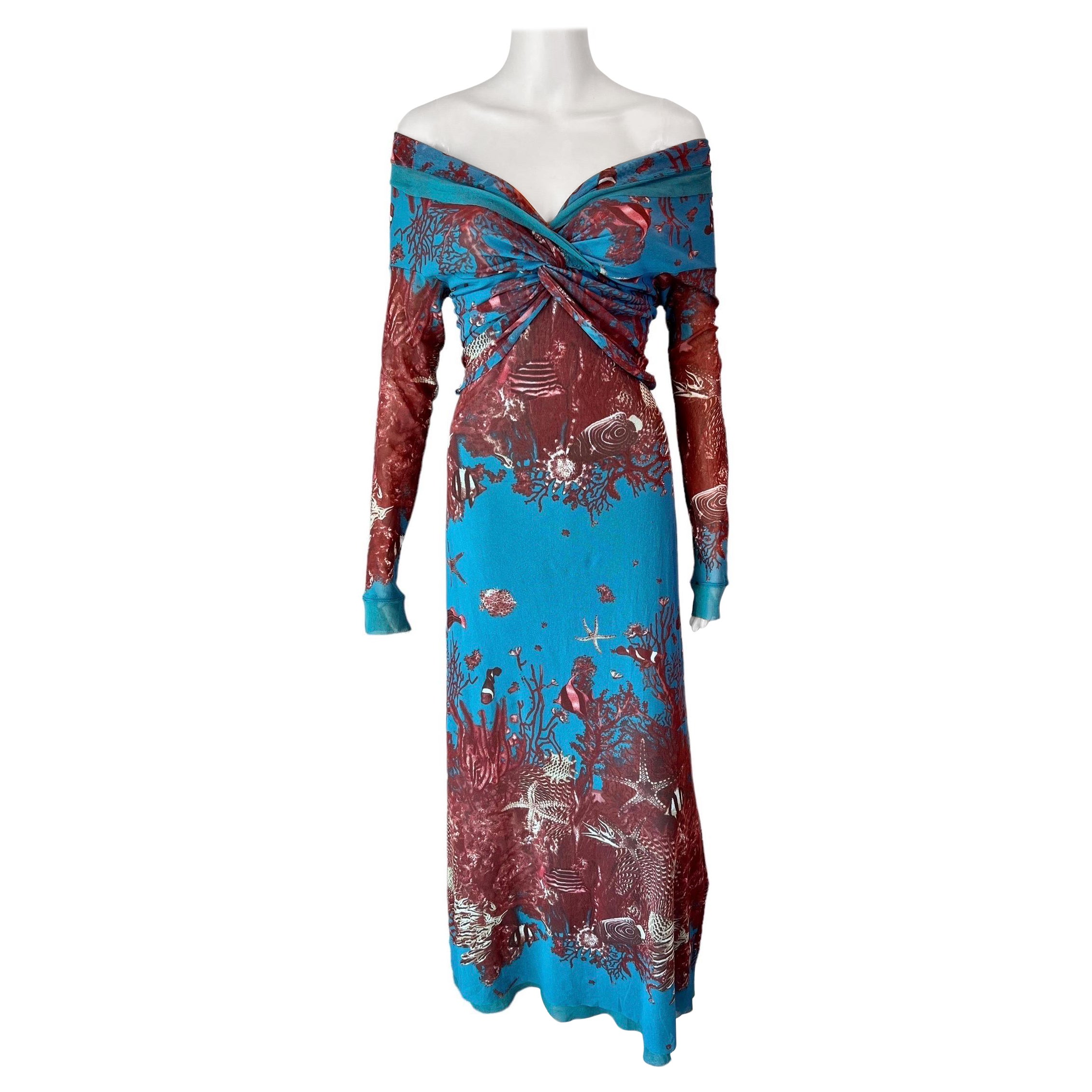 Jean Paul Gaultier Jeans Soleil P/E 1999 con stampa vita marina e maxi abito a rete off shoulder