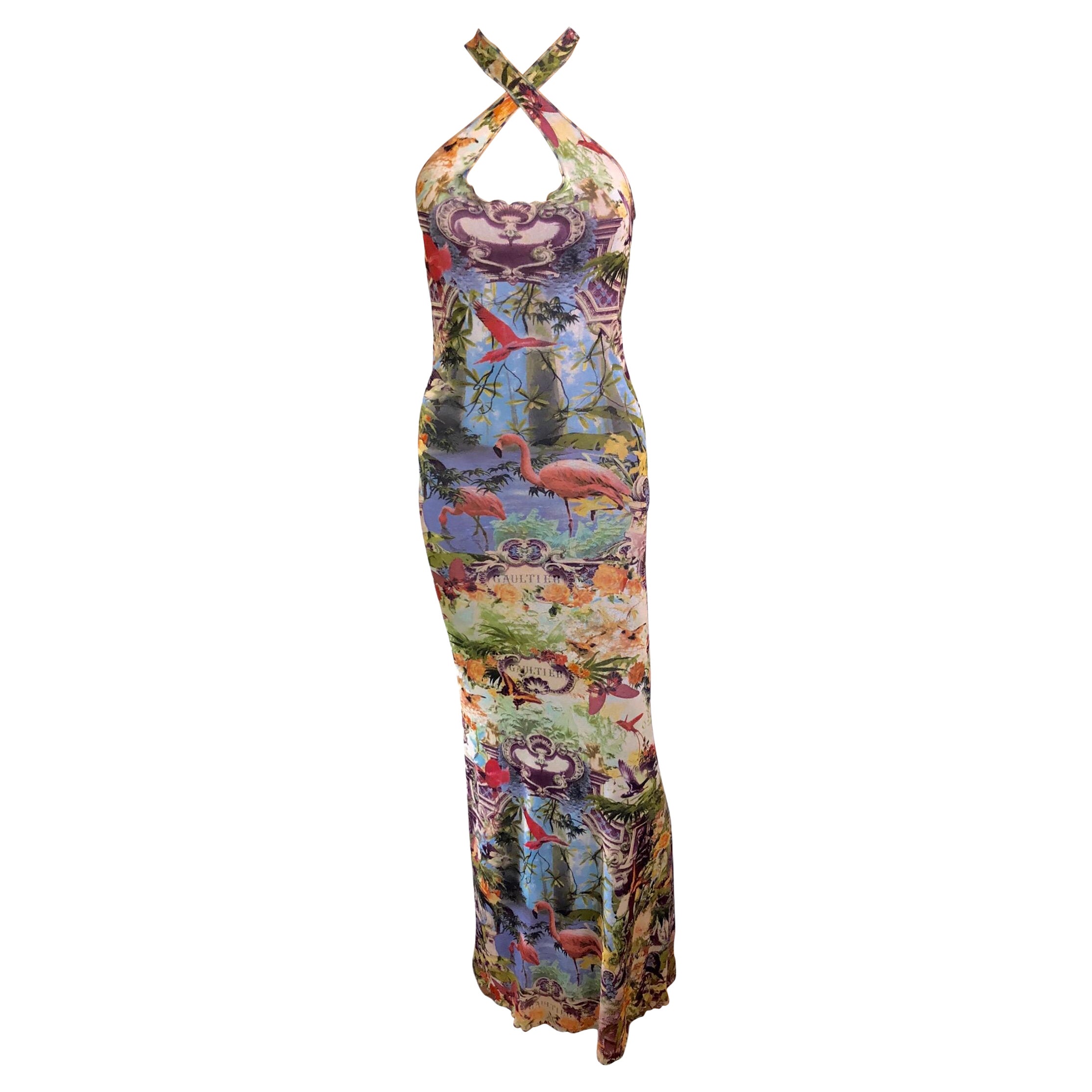 Robe longue Jean Paul Gaultier Soleil S/S 1999 Tropical Flamingo en maille semi-transparente
