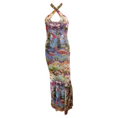 Robe longue Jean Paul Gaultier Soleil S/S 1999 Tropical Flamingo en maille semi-transparente