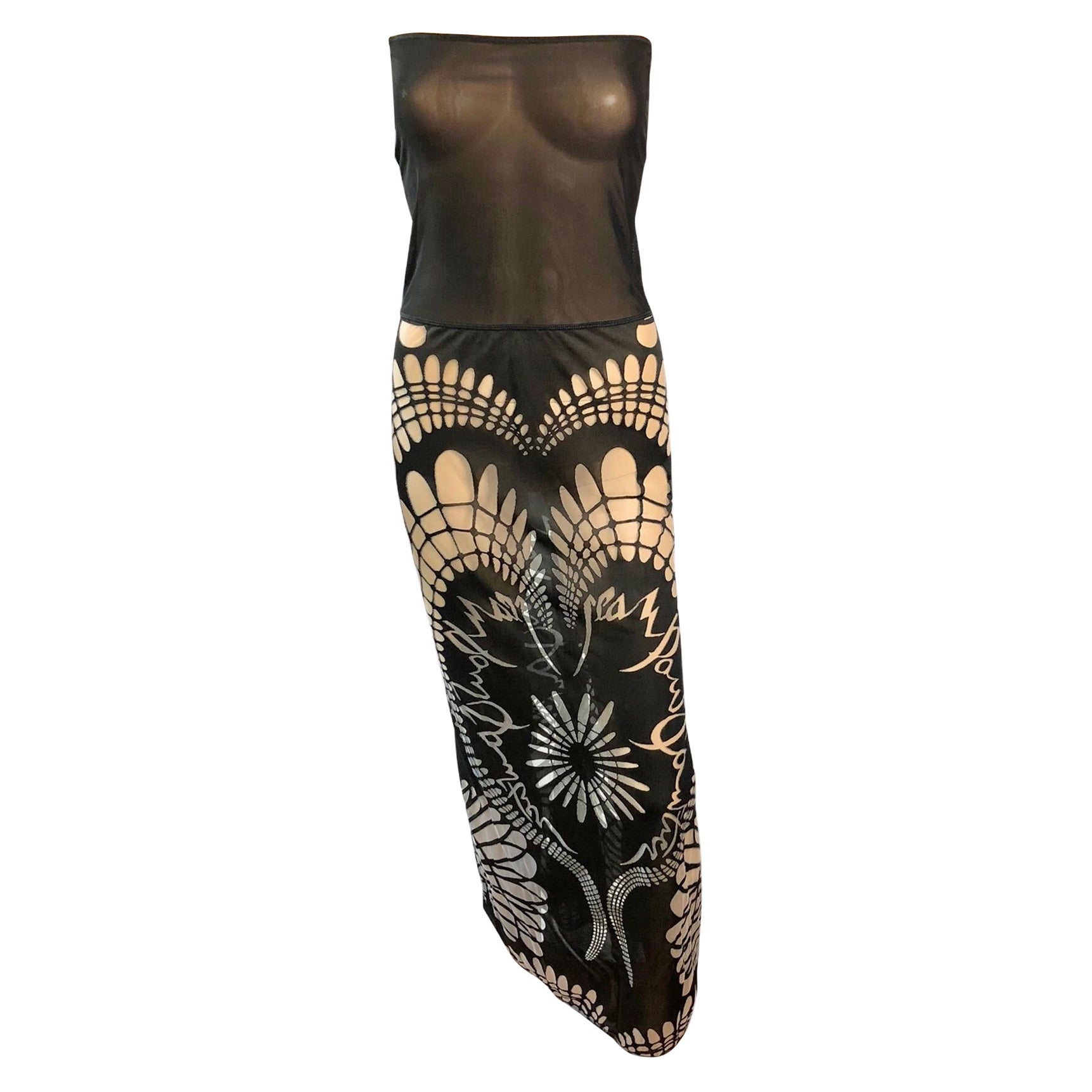 Jean Paul Gaultier Soleil S/S 2001 Logo Halbdurchsichtiges Maxikleid aus Bodycon-Netzstoff