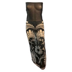 Jean Paul Gaultier Soleil S/S 2001 Logo Halbdurchsichtiges Maxikleid aus Bodycon-Netzstoff